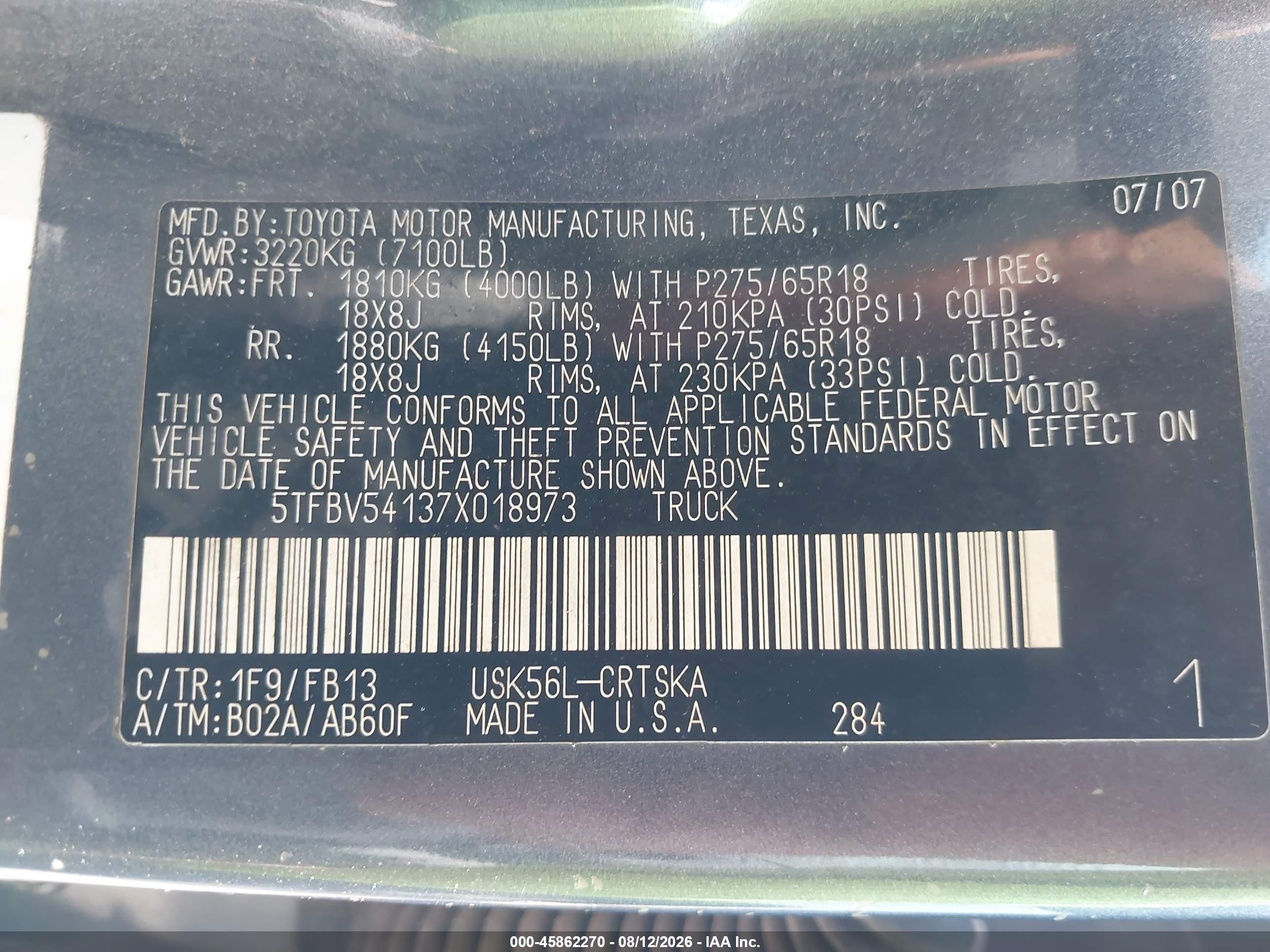 2007 Toyota Tundra Sr5 5.7l V8 Gray vin: 5TFBV54137X018973