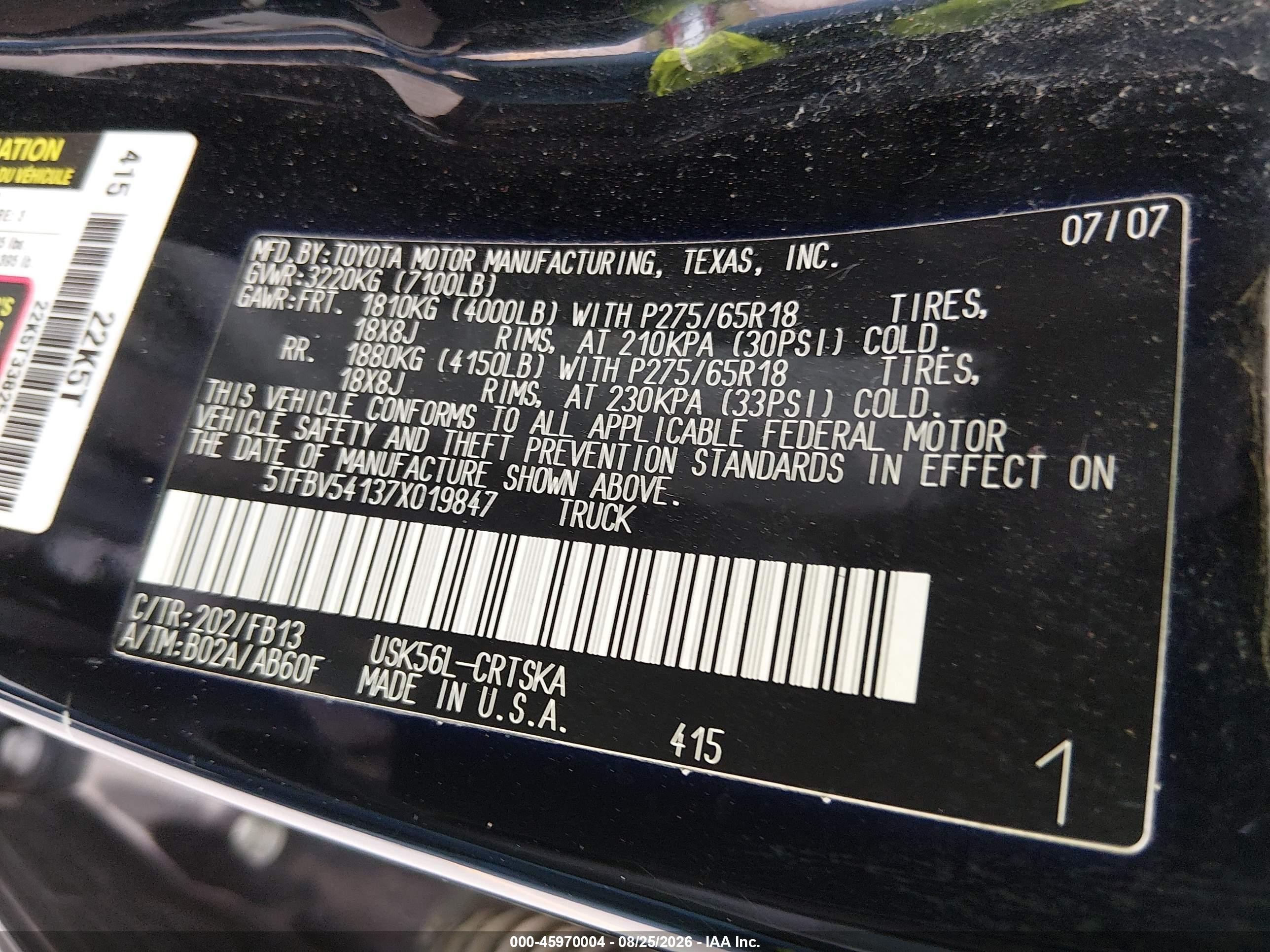 2007 Toyota Tundra Sr5 5.7l V8 Black vin: 5TFBV54137X019847