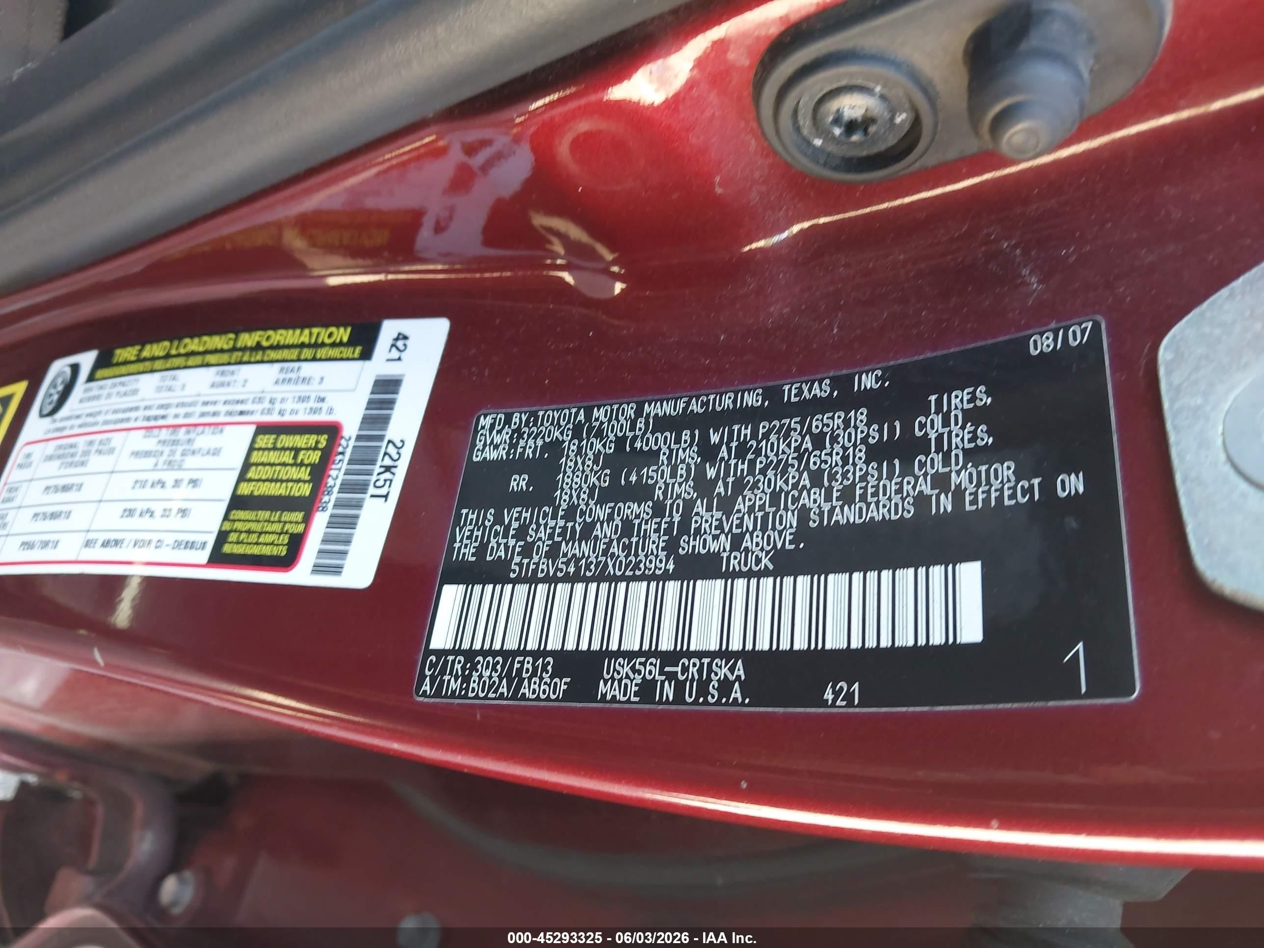 2007 Toyota Tundra Sr5 5.7l V8 Red vin: 5TFBV54137X023994