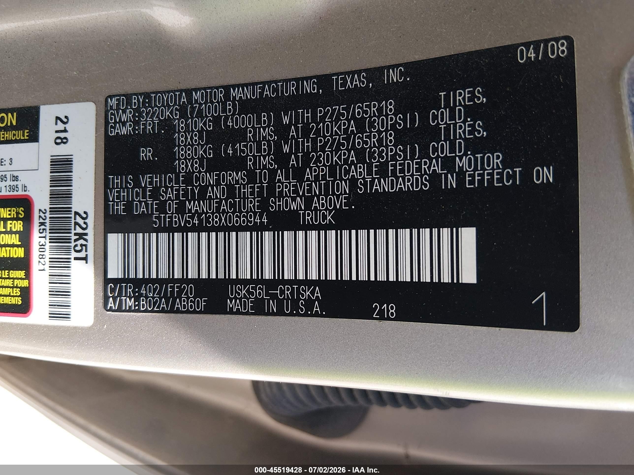 2008 Toyota Tundra Sr5 5.7l V8 Tan vin: 5TFBV54138X066944