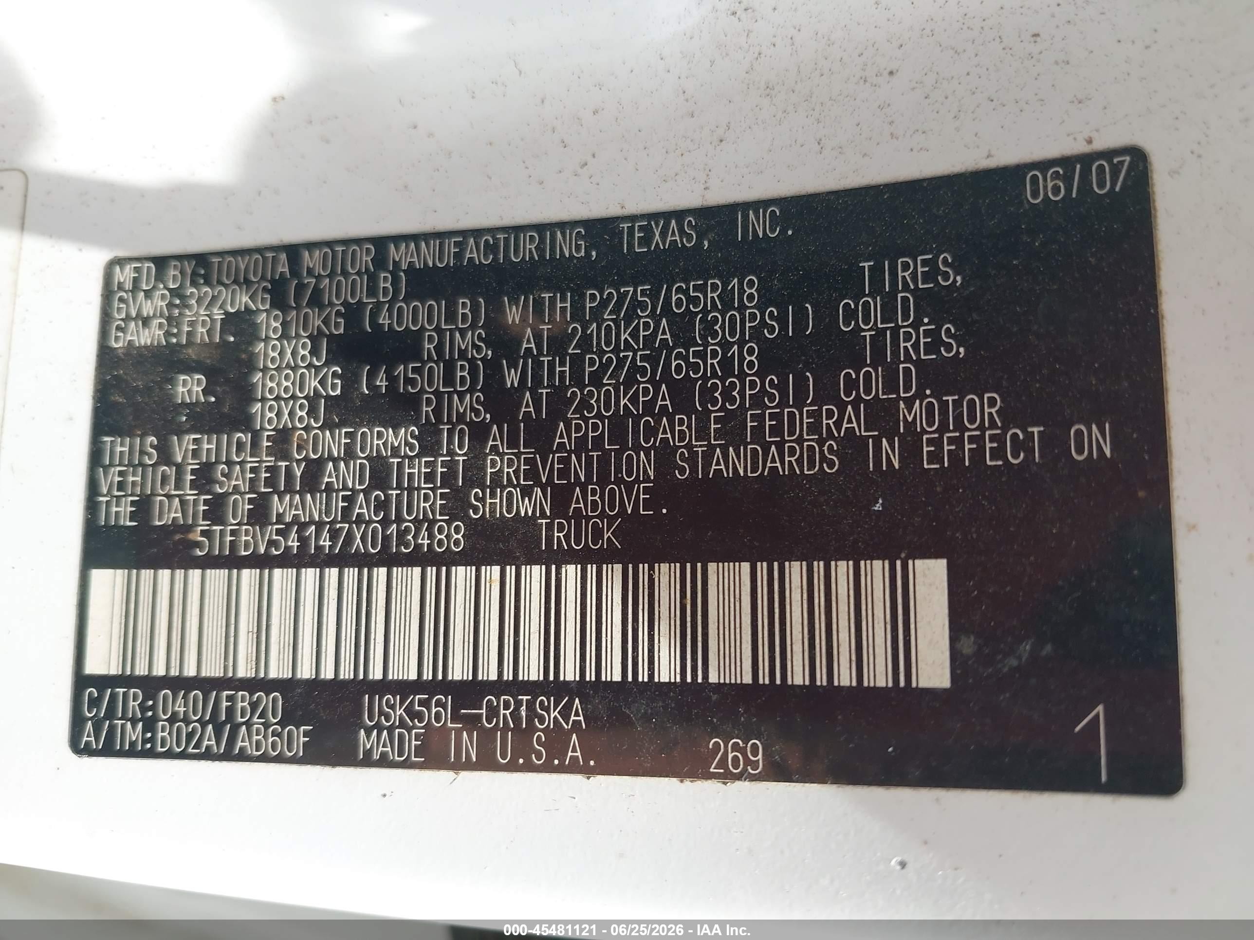 2007 Toyota Tundra Sr5 5.7l V8 White vin: 5TFBV54147X013488