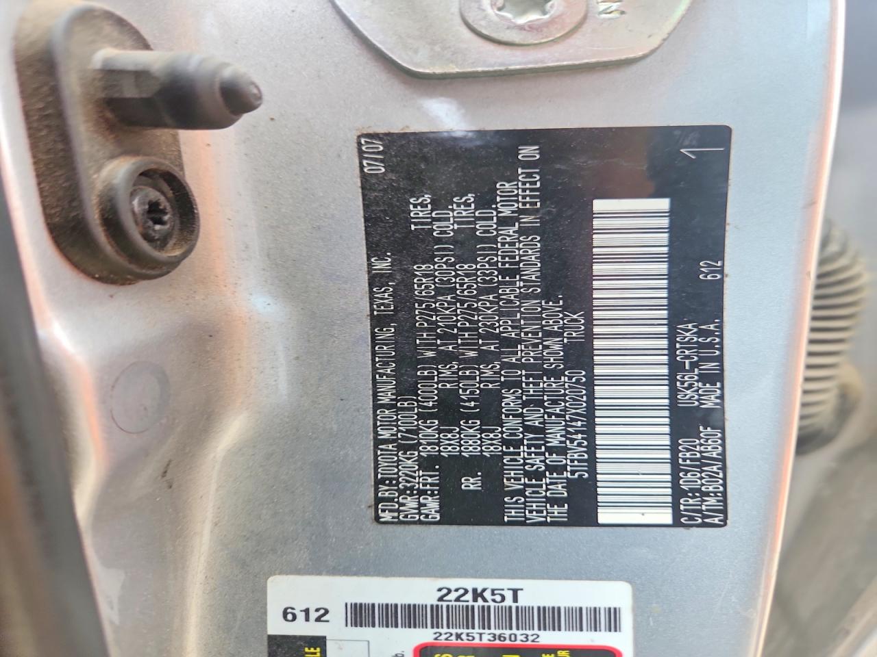 2007 Toyota Tundra Double Cab Sr5 Silver vin: 5TFBV54147X020750
