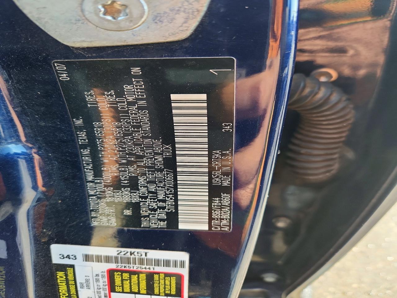 2007 Toyota Tundra Sr5 Blue vin: 5TFBV54157X006677