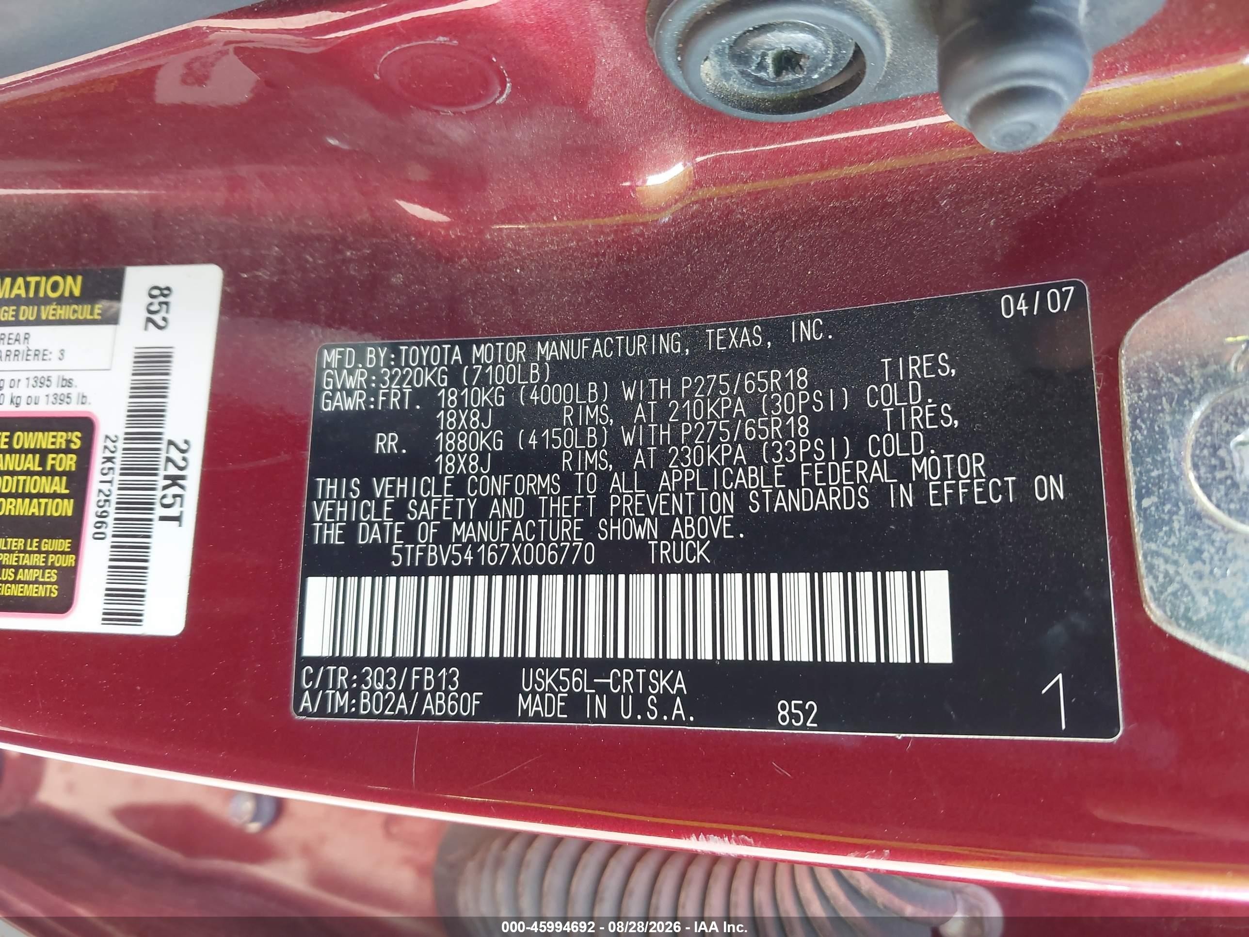 2007 Toyota Tundra Sr5 5.7l V8 Maroon vin: 5TFBV54167X006770