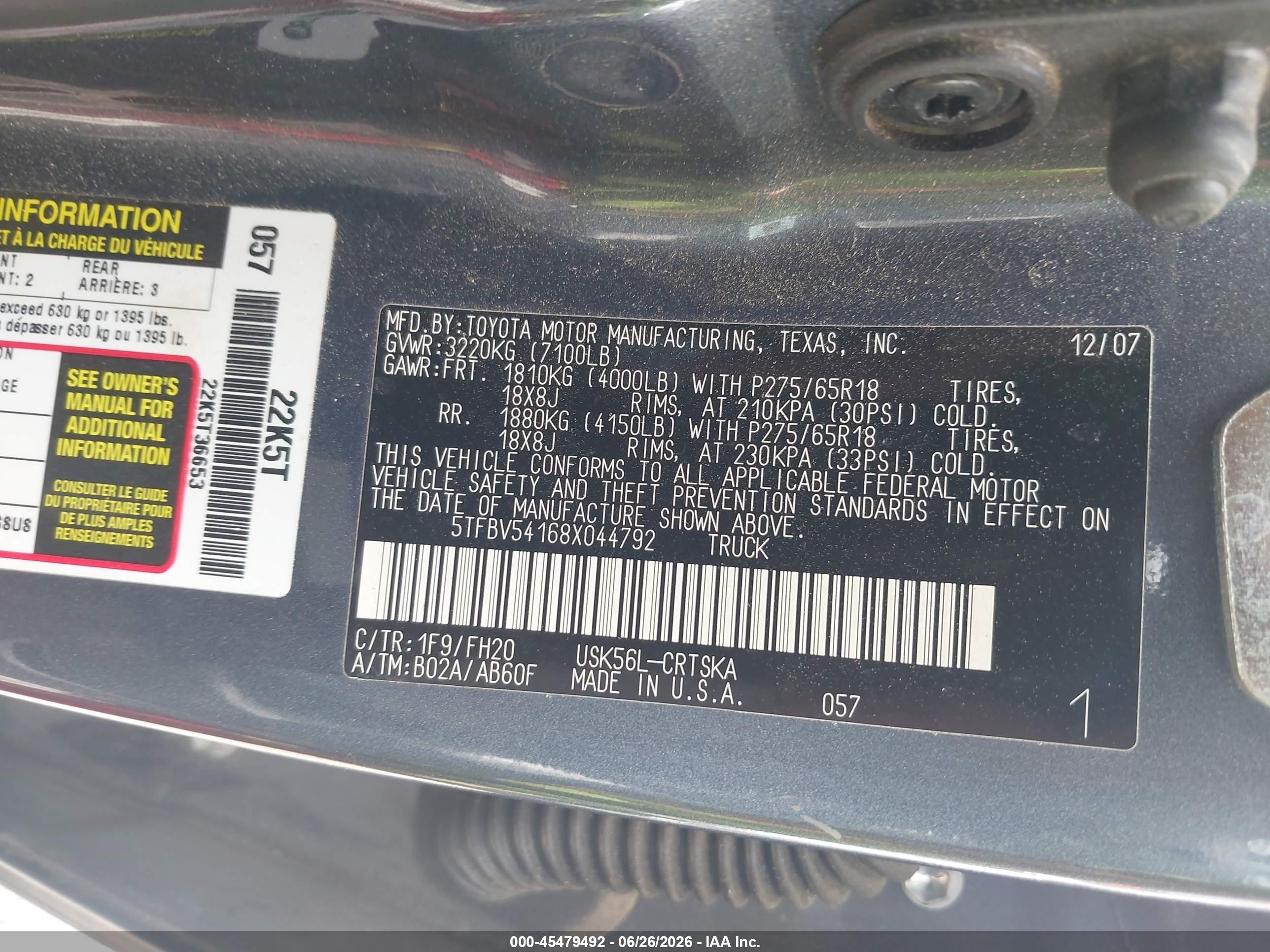 2008 Toyota Tundra Sr5 5.7l V8 Gray vin: 5TFBV54168X044792