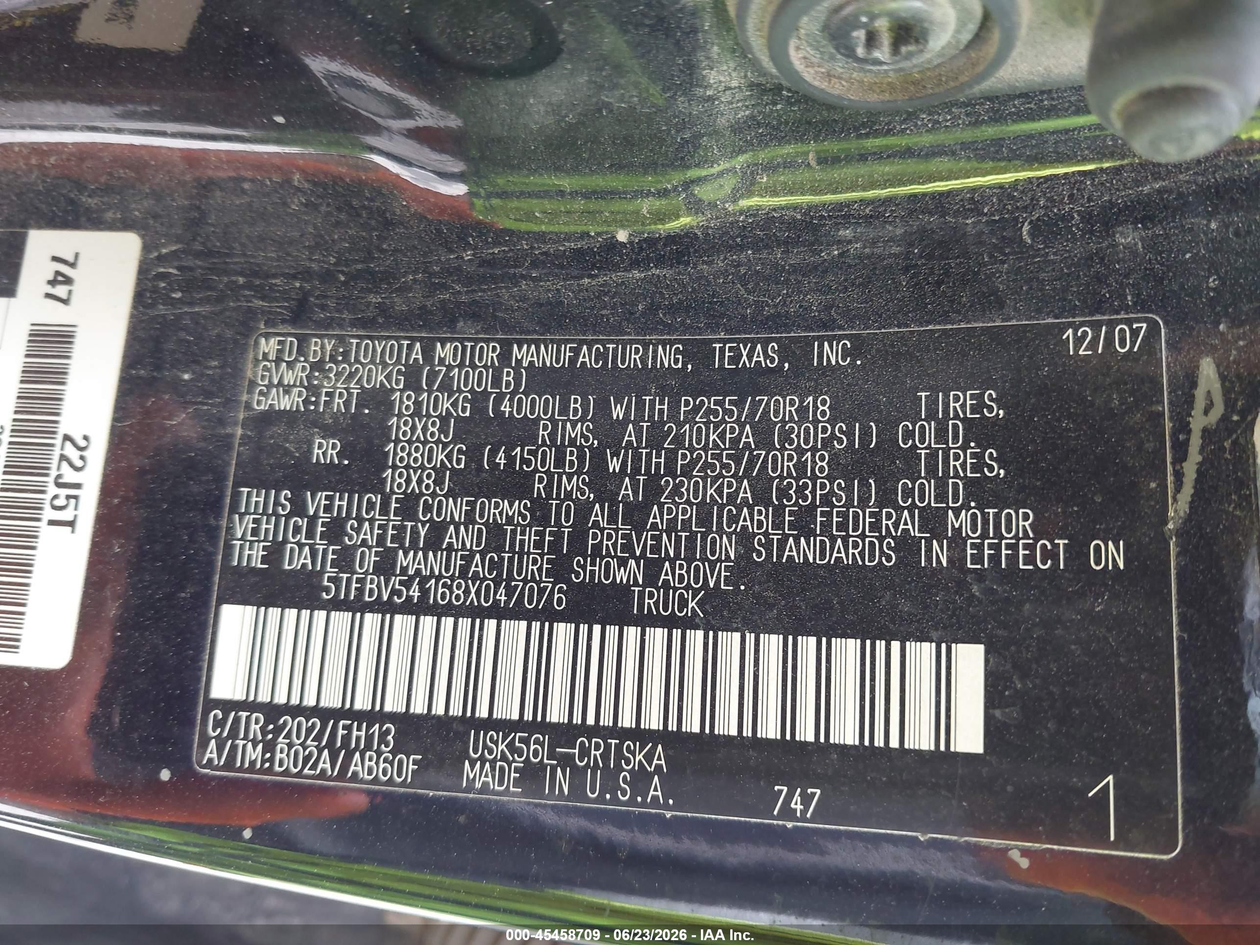 2008 Toyota Tundra Base 5.7l V8 Black vin: 5TFBV54168X047076