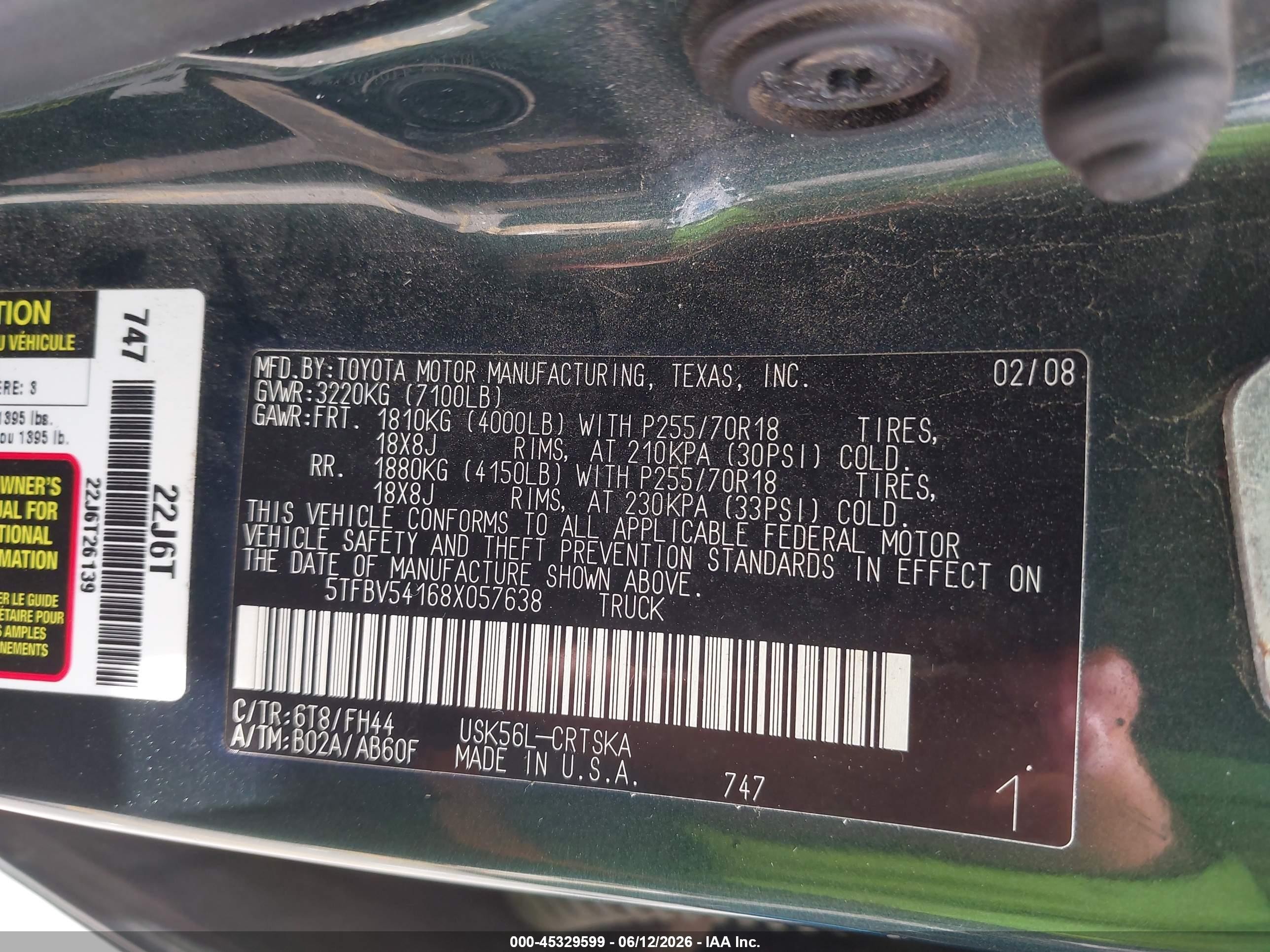 2008 Toyota Tundra Base 5.7l V8 Green vin: 5TFBV54168X057638