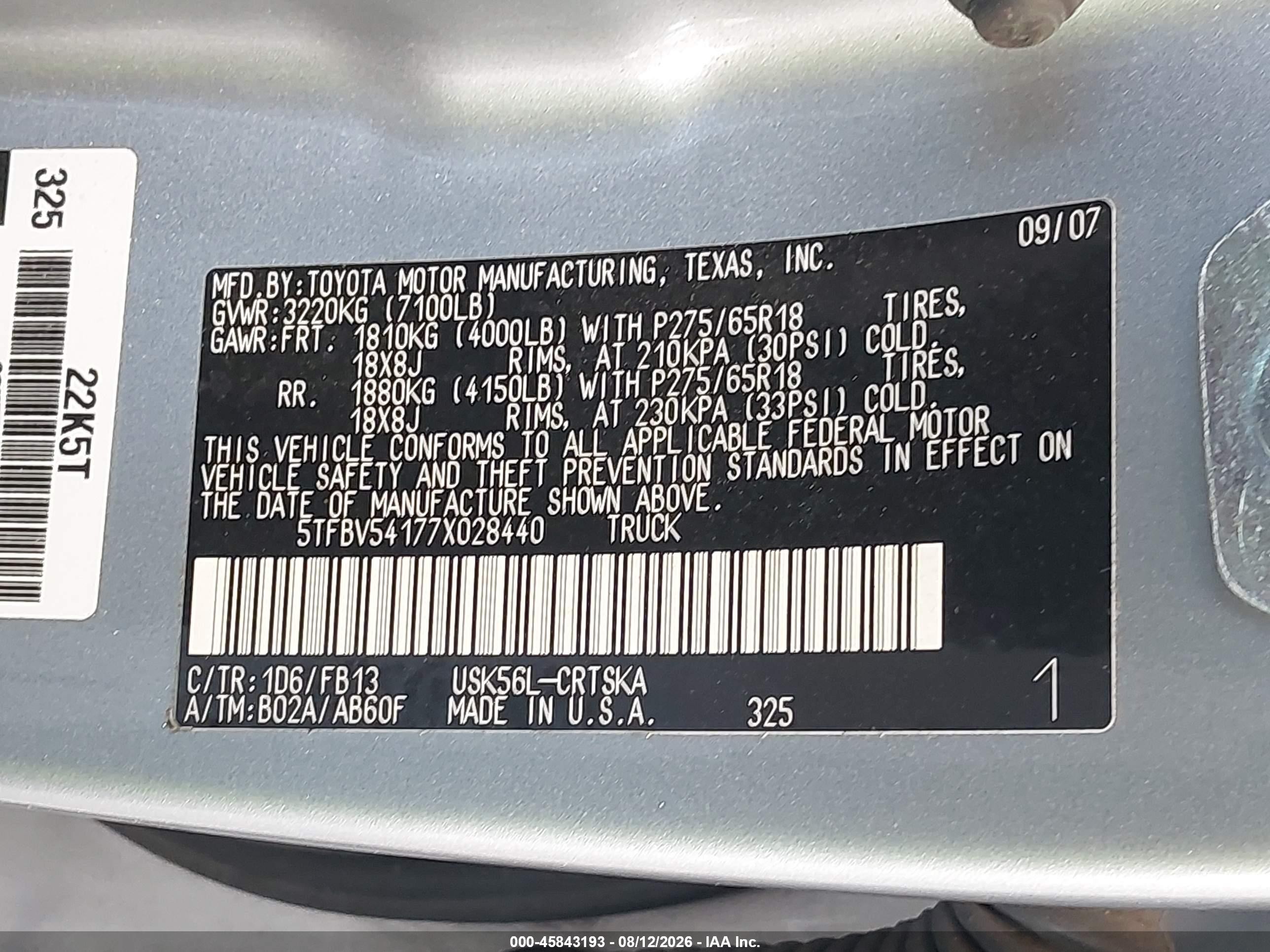 2007 Toyota Tundra Sr5 5.7l V8 Silver vin: 5TFBV54177X028440