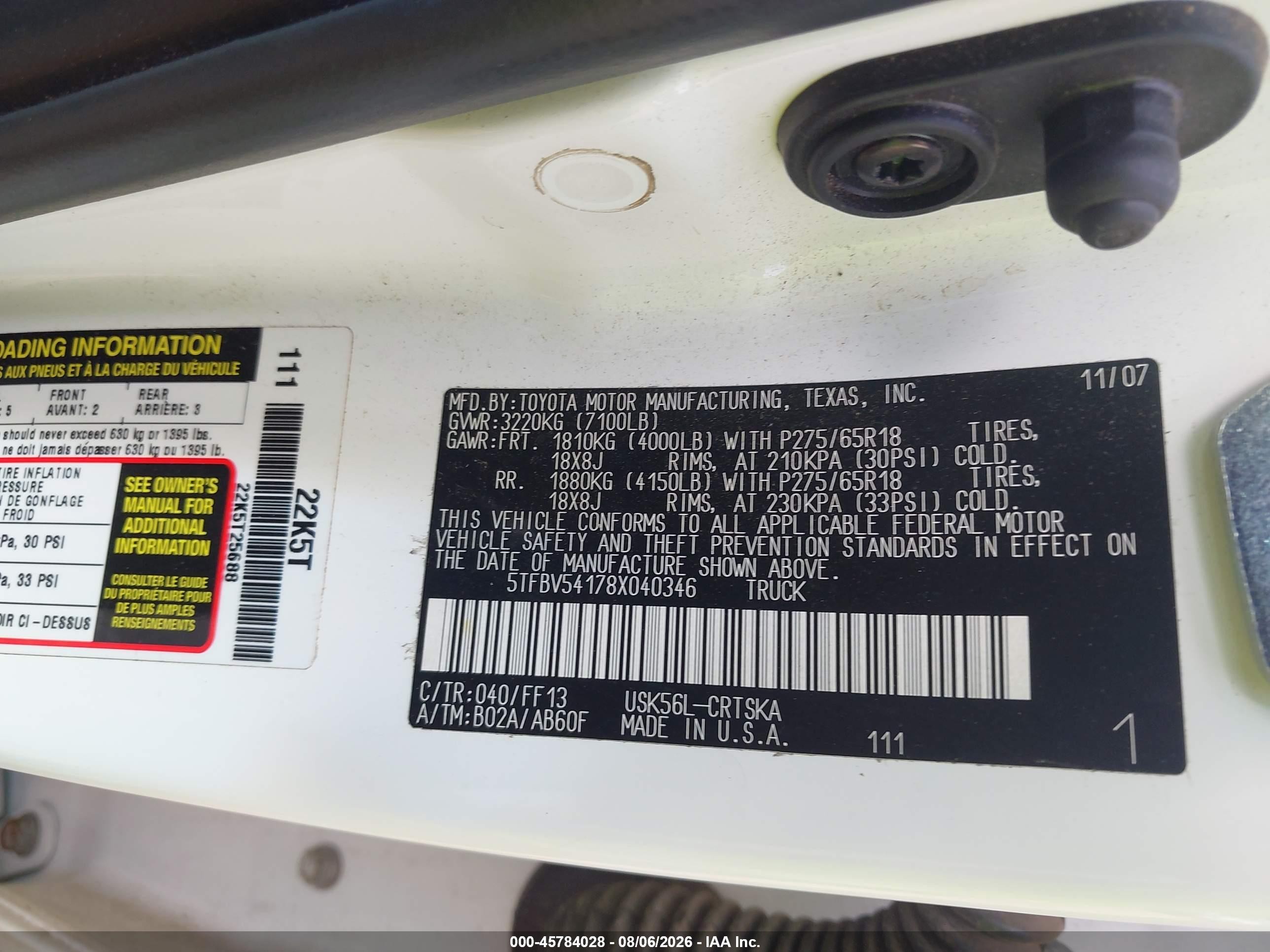 2008 Toyota Tundra Sr5 5.7l V8 White vin: 5TFBV54178X040346