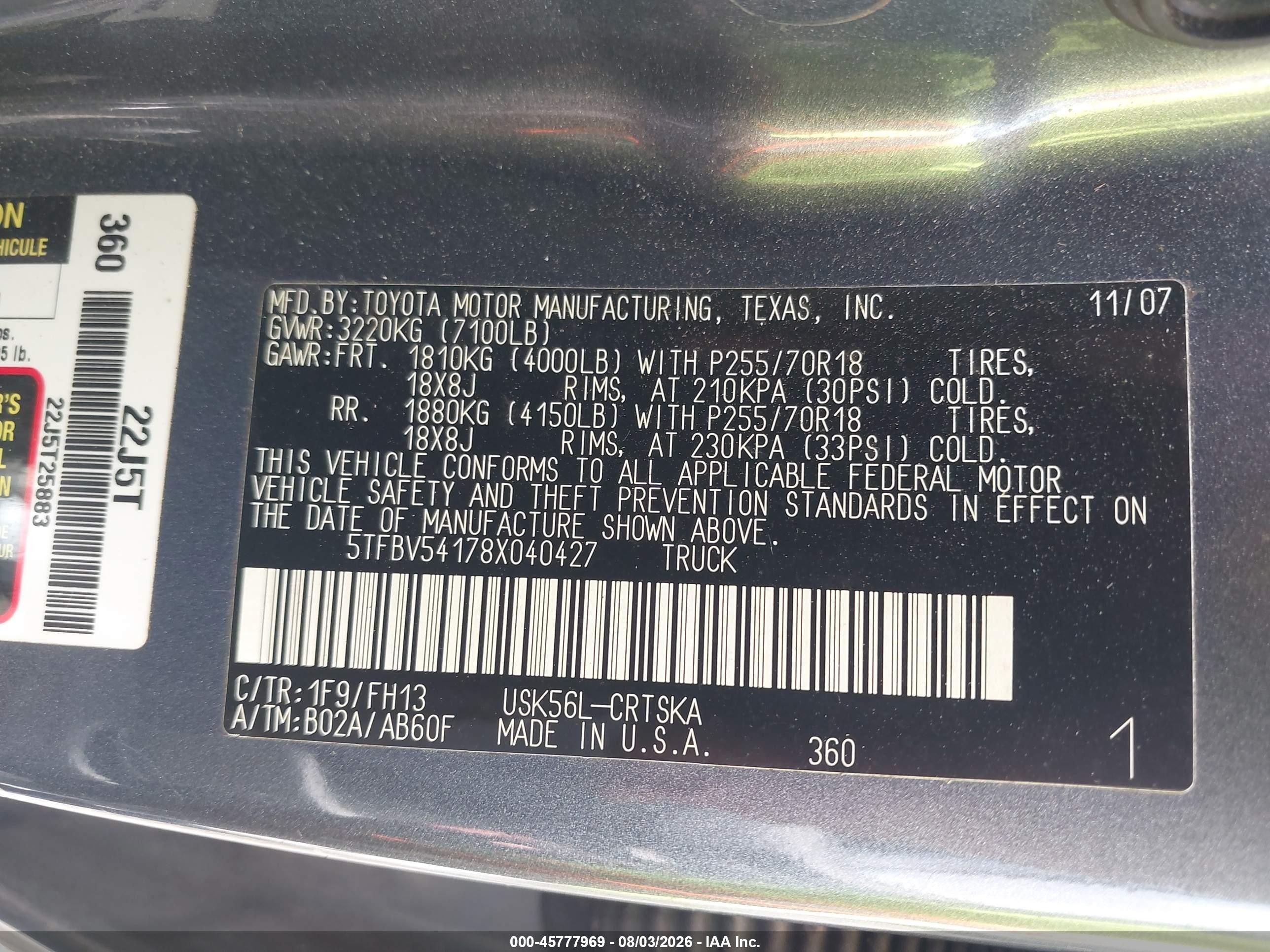 2008 Toyota Tundra Sr5 5.7l V8 Blue vin: 5TFBV54178X040427