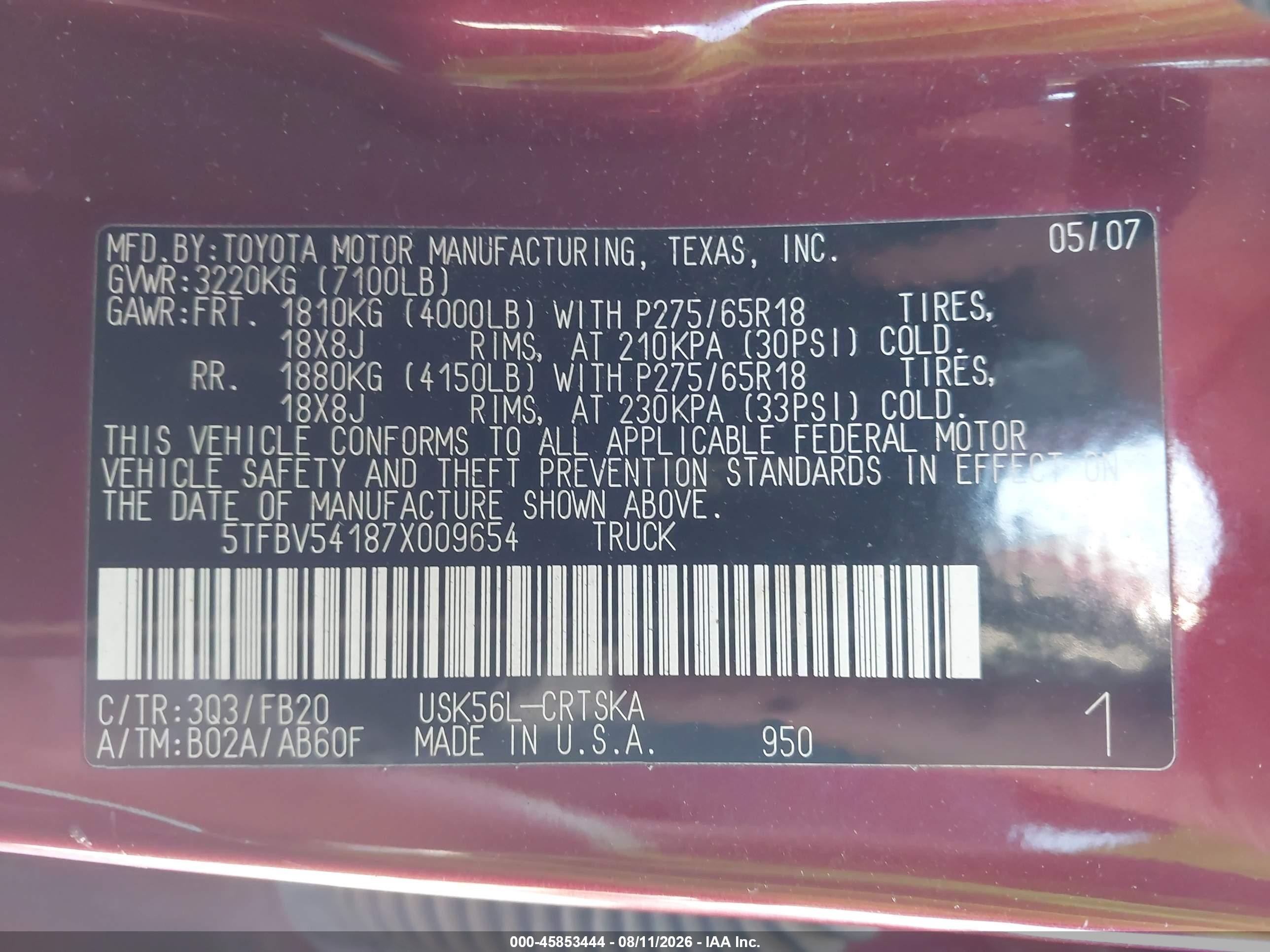 2007 Toyota Tundra Sr5 5.7l V8 Red vin: 5TFBV54187X009654