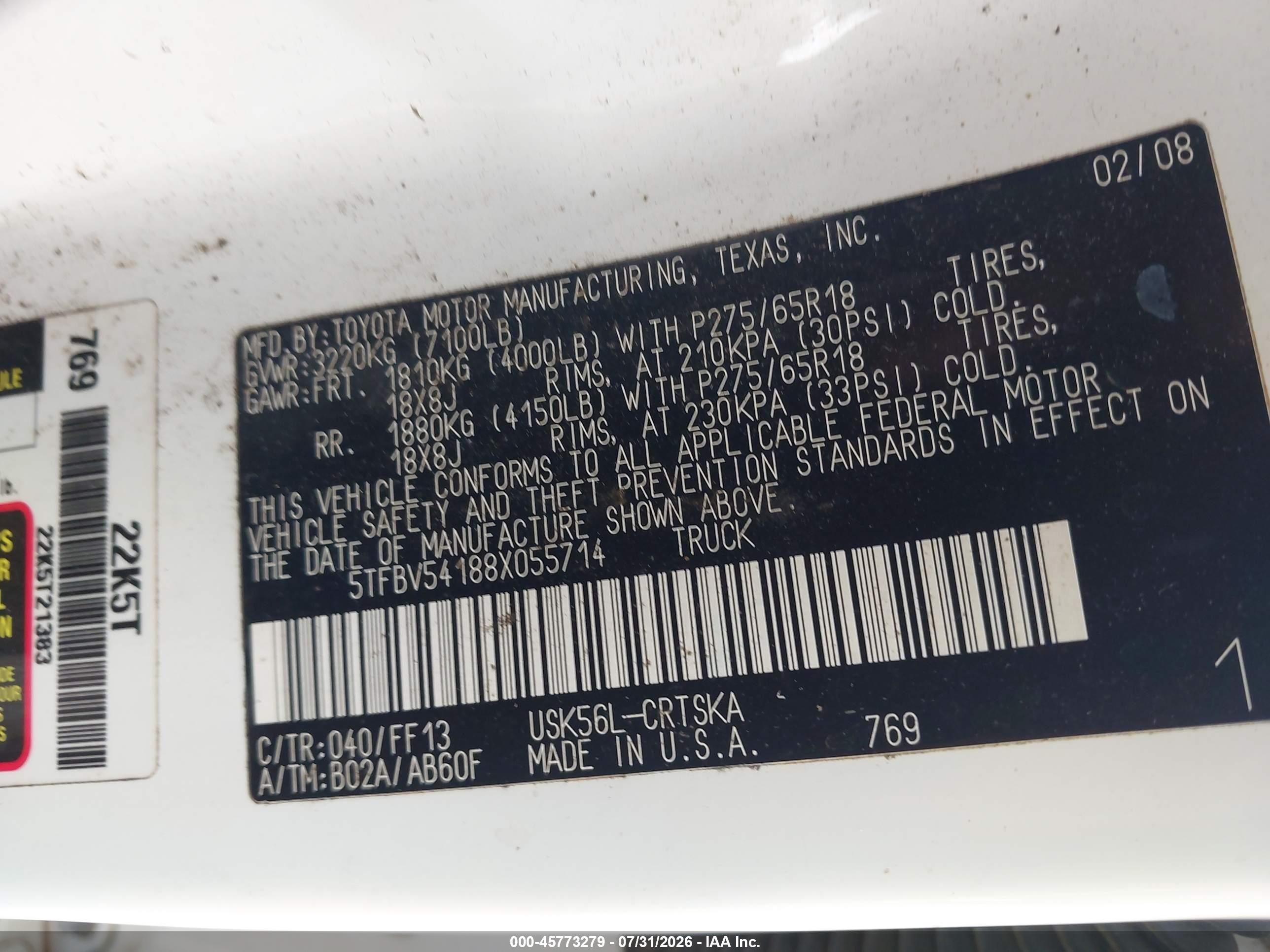 2008 Toyota Tundra Sr5 5.7l V8 White vin: 5TFBV54188X055714