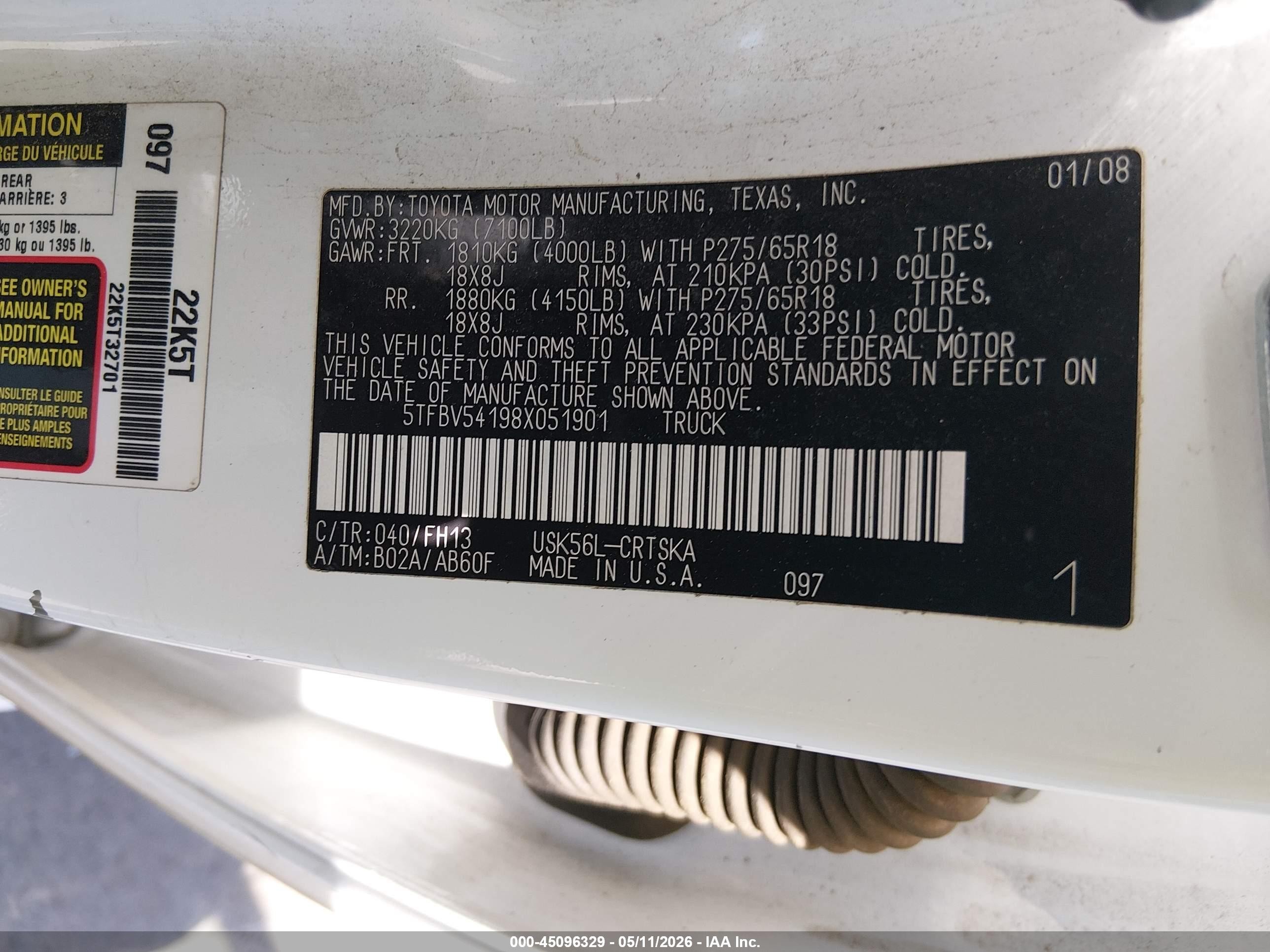 2008 Toyota Tundra Sr5 5.7l V8 Белый vin: 5TFBV54198X051901