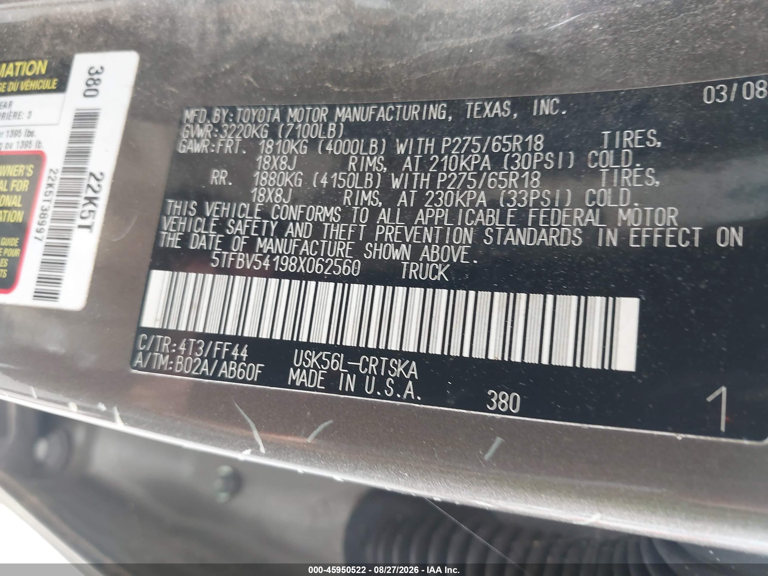 2008 Toyota Tundra Sr5 5.7l V8 Green vin: 5TFBV54198X062560
