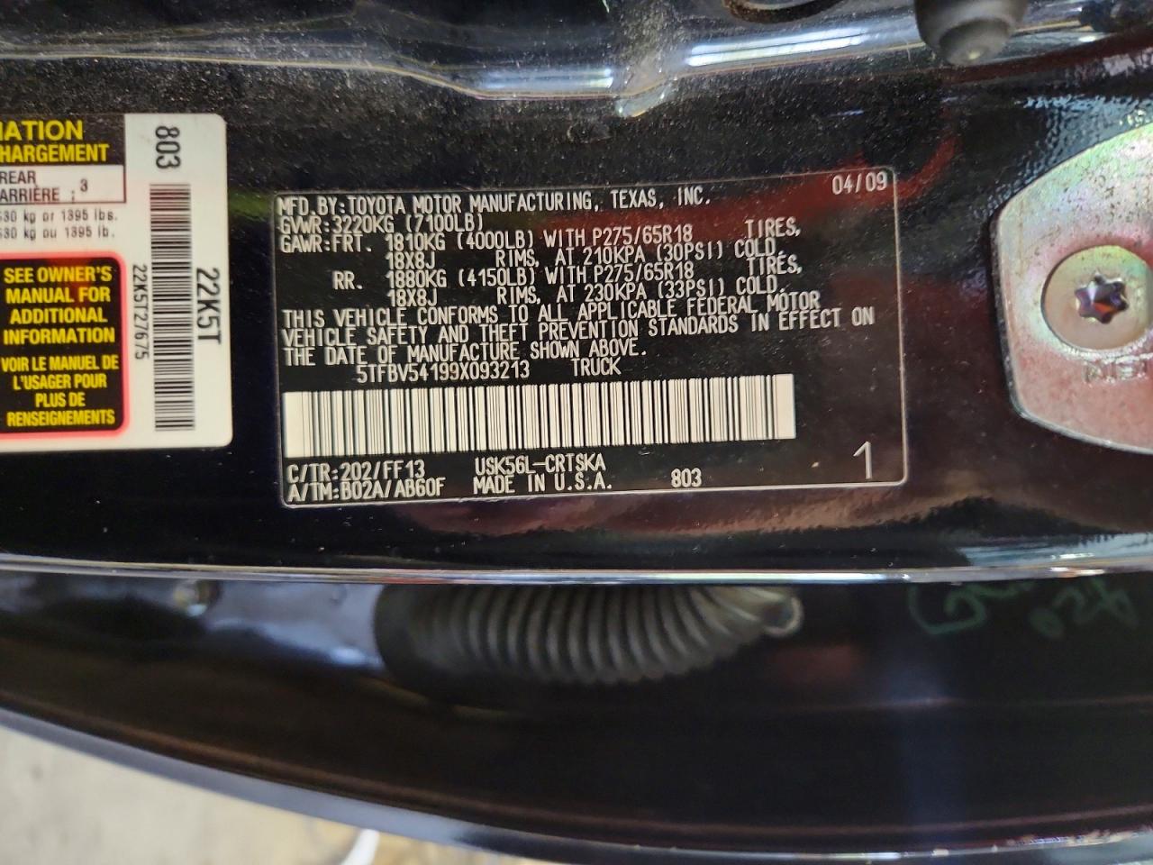 2009 Toyota Tundra Sr5 Черный vin: 5TFBV54199X093213