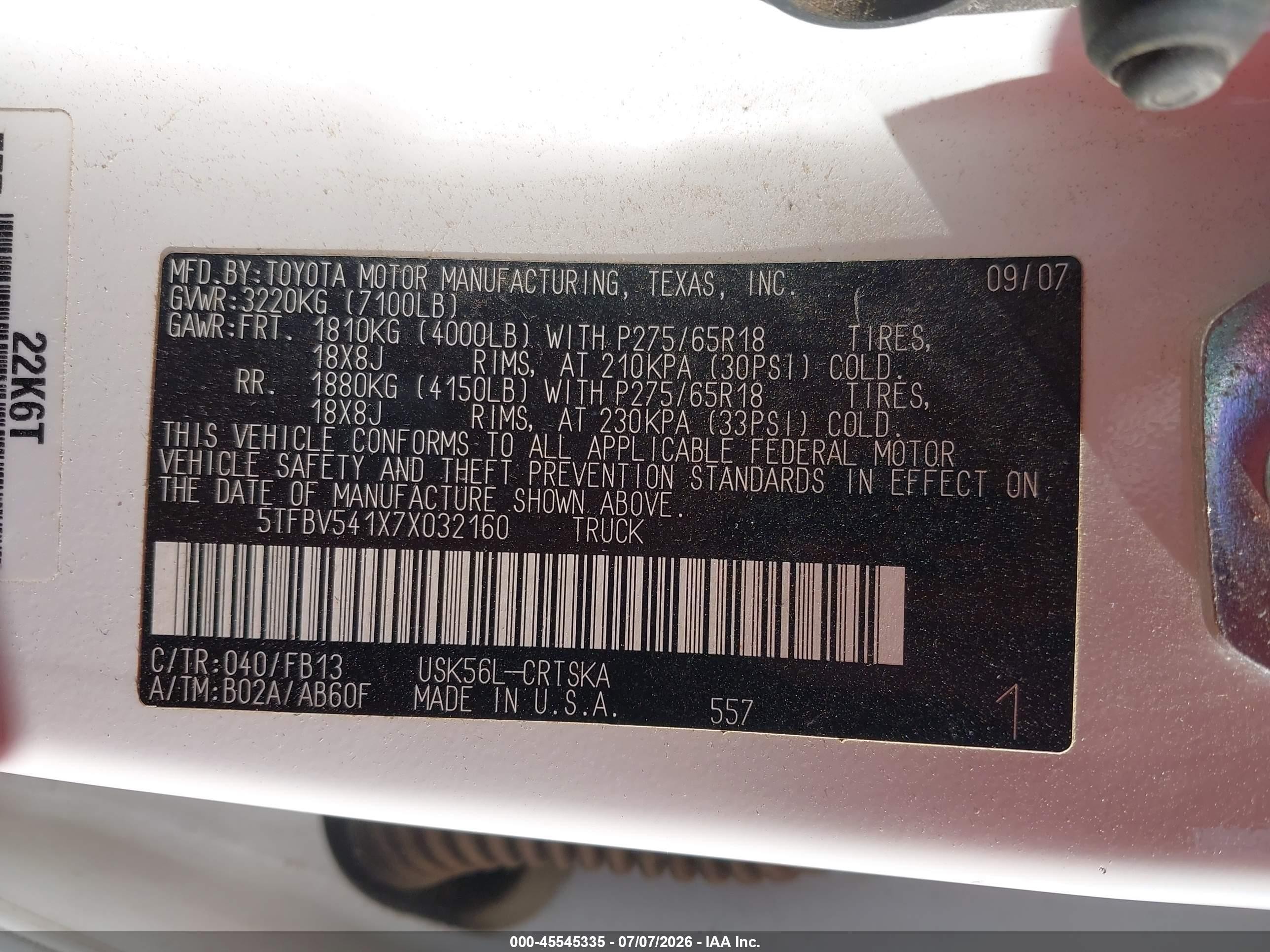 2007 Toyota Tundra Sr5 5.7l V8 Белый vin: 5TFBV541X7X032160
