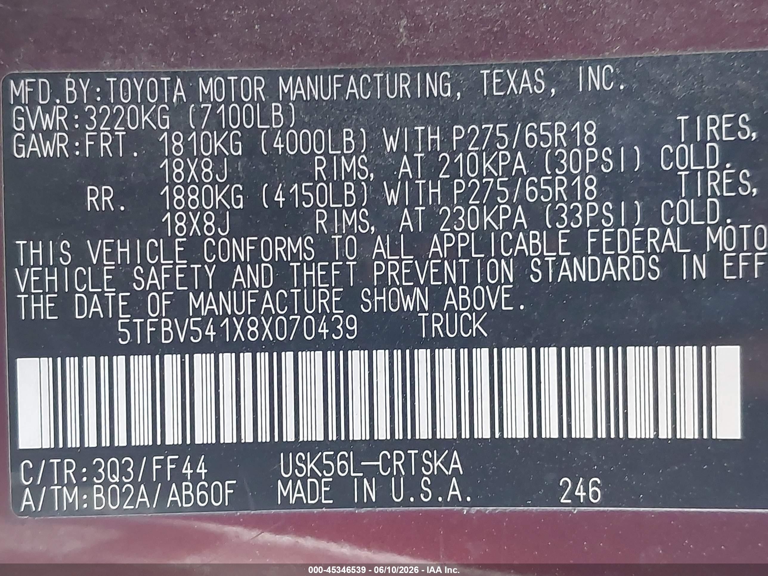 2008 Toyota Tundra Sr5 5.7l V8 Maroon vin: 5TFBV541X8X070439