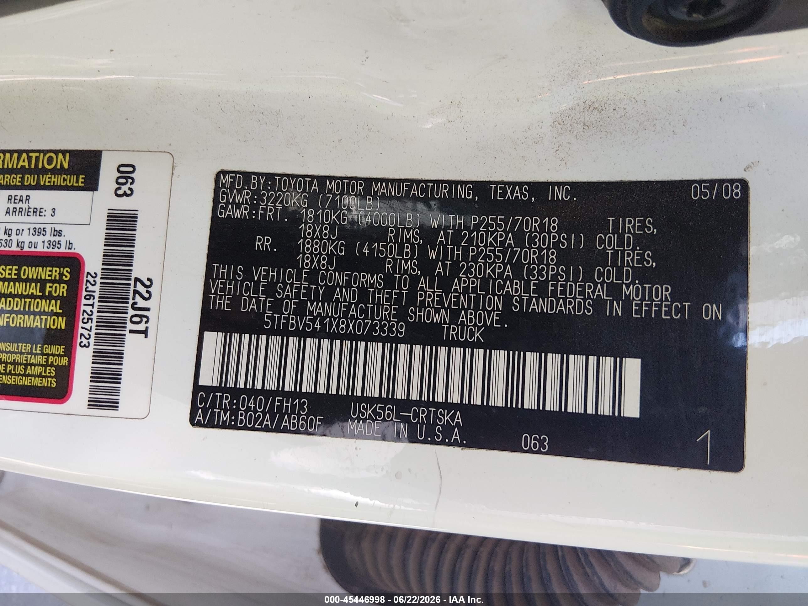 2008 Toyota Tundra Base 5.7l V8 White vin: 5TFBV541X8X073339