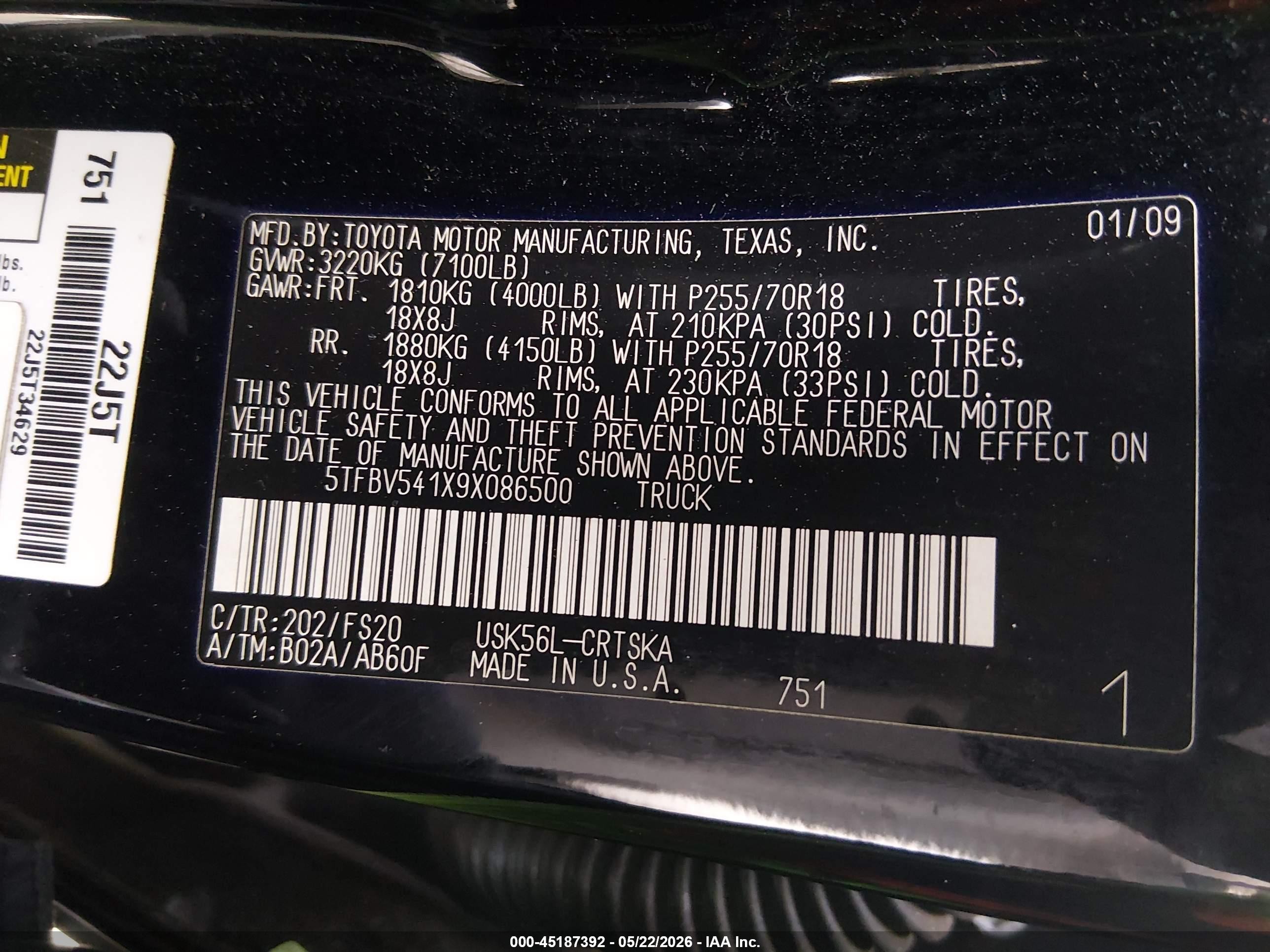 2009 Toyota Tundra Grade 5.7l V8 Black vin: 5TFBV541X9X086500