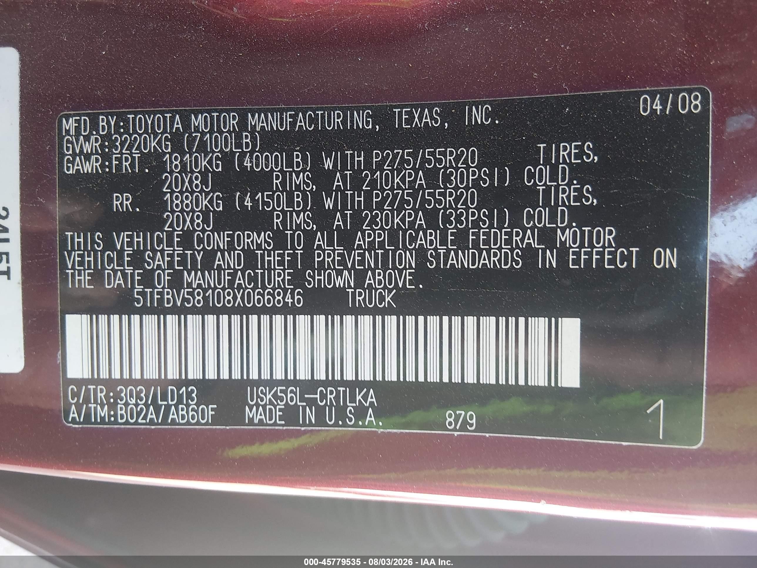 2008 Toyota Tundra Limited 5.7l V8 Maroon vin: 5TFBV58108X066846