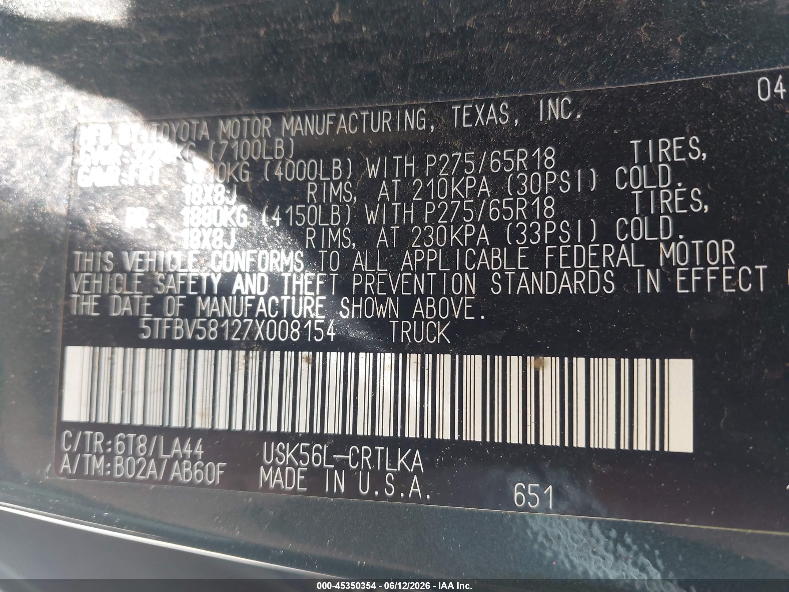 2007 Toyota Tundra Limited 5.7l V8 Green vin: 5TFBV58127X008154