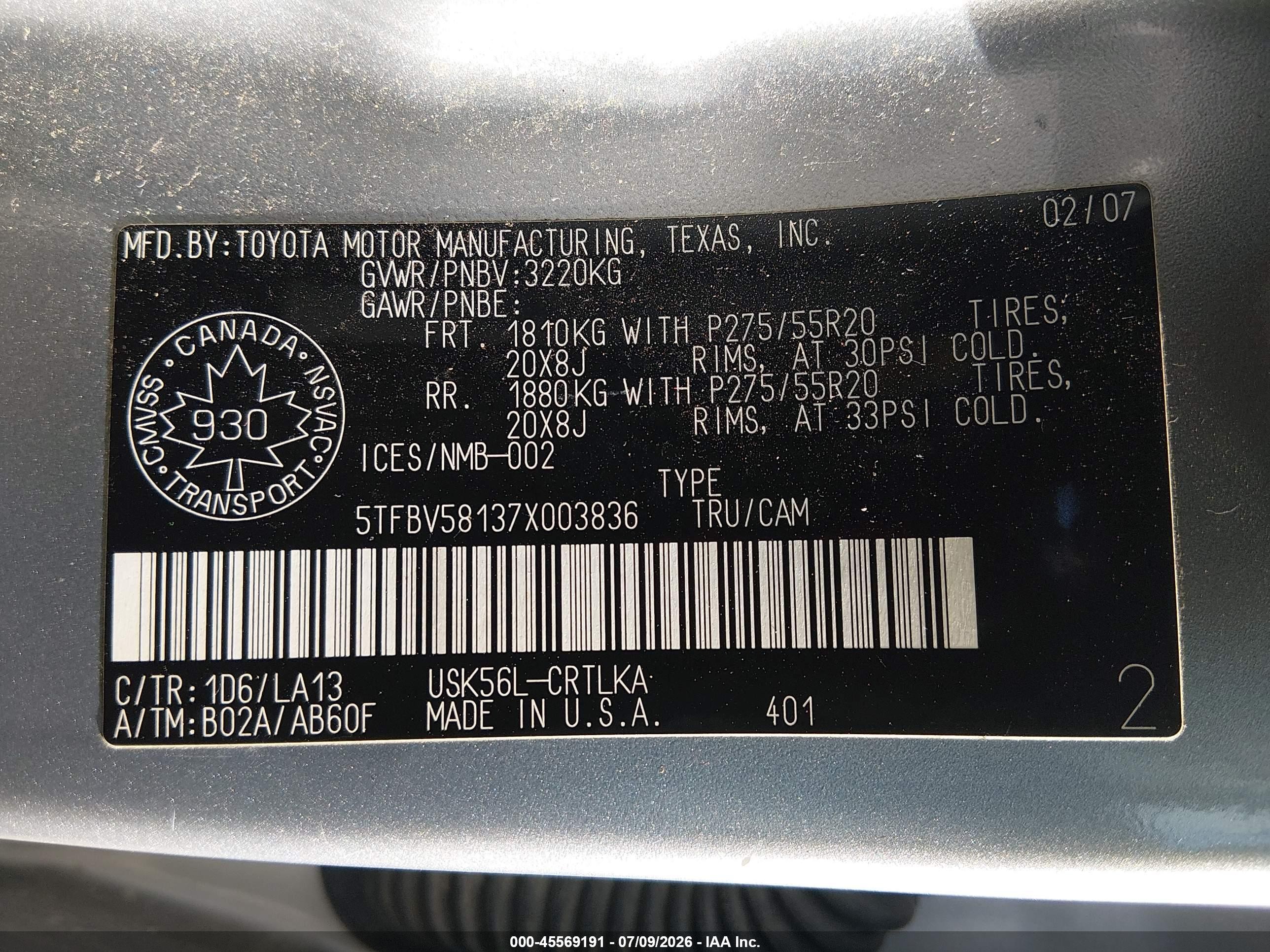 2007 Toyota Tundra Limited 5.7l V8 Silver vin: 5TFBV58137X003836