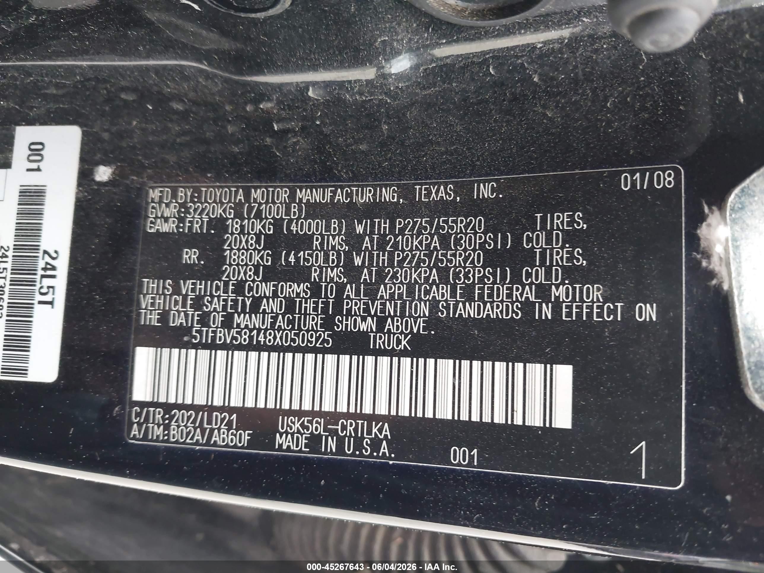 2008 Toyota Tundra Limited 5.7l V8 Черный vin: 5TFBV58148X050925