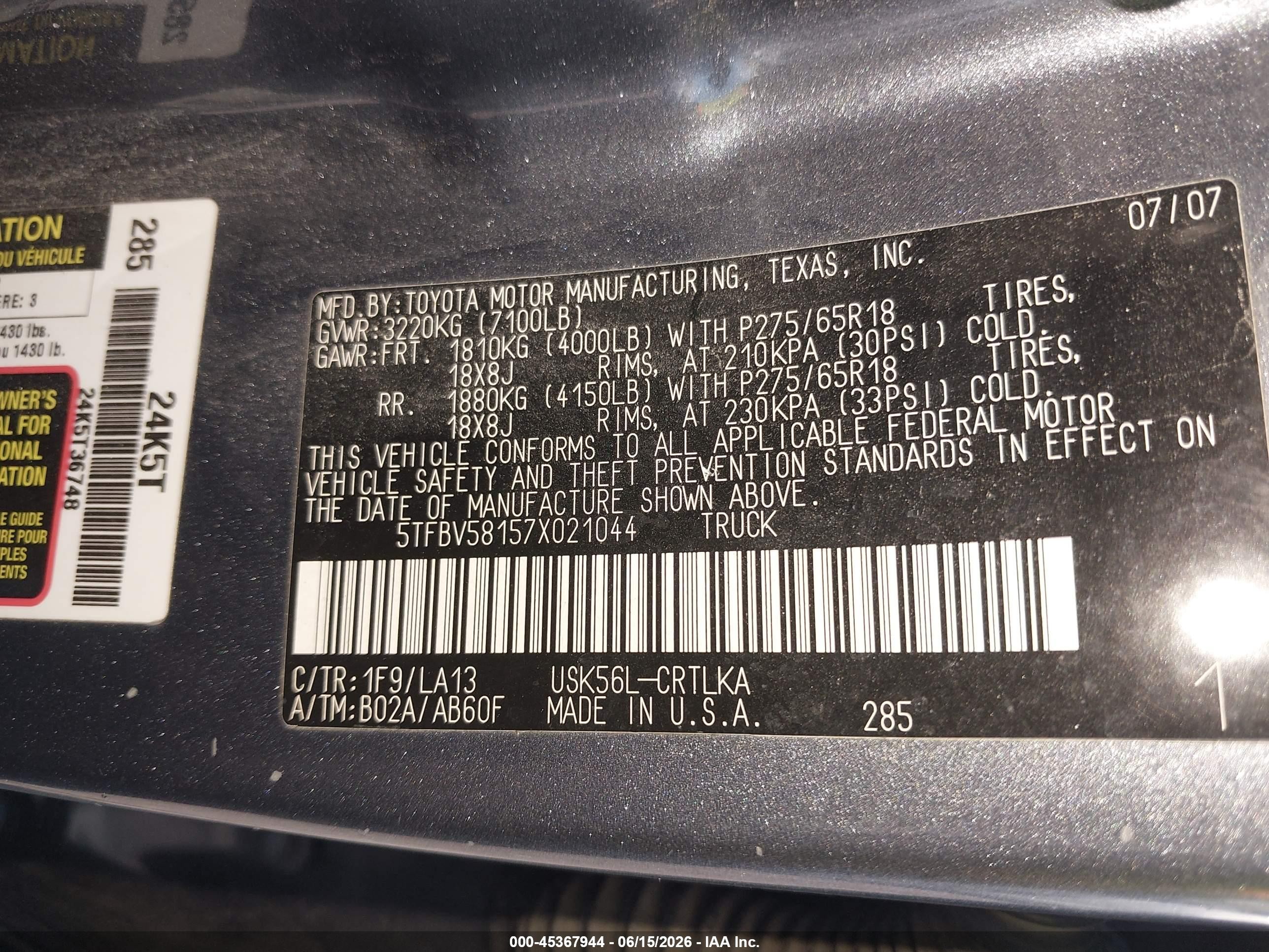 2007 Toyota Tundra Limited 5.7l V8 Gray vin: 5TFBV58157X021044