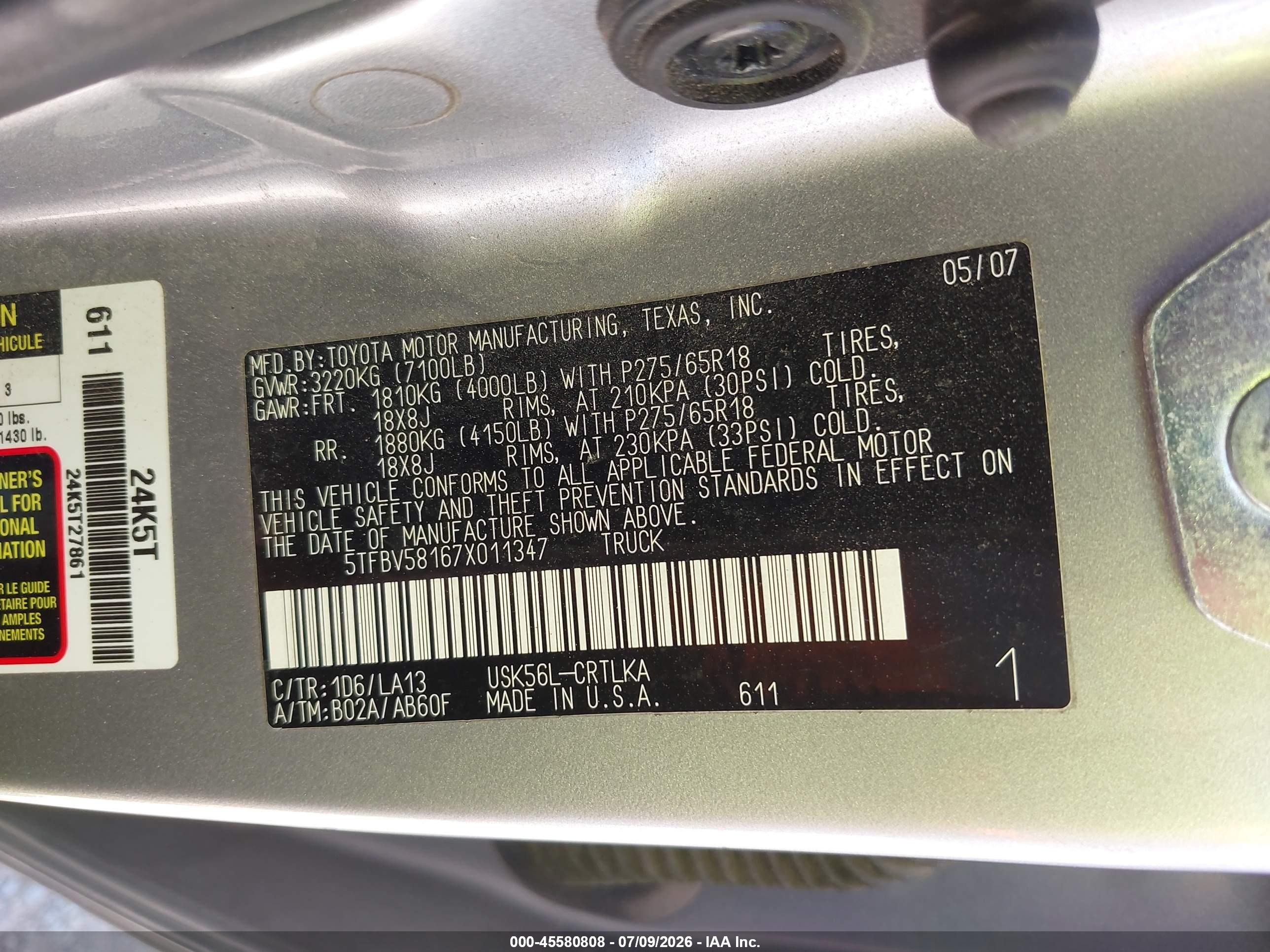 2007 Toyota Tundra Limited 5.7l V8 Silver vin: 5TFBV58167X011347