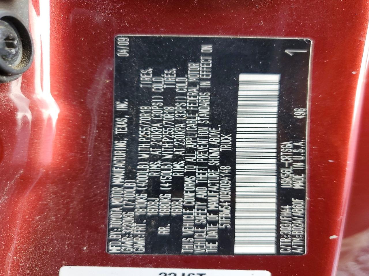 2009 Toyota Tundra Grade Red vin: 5TFBW54109X094148