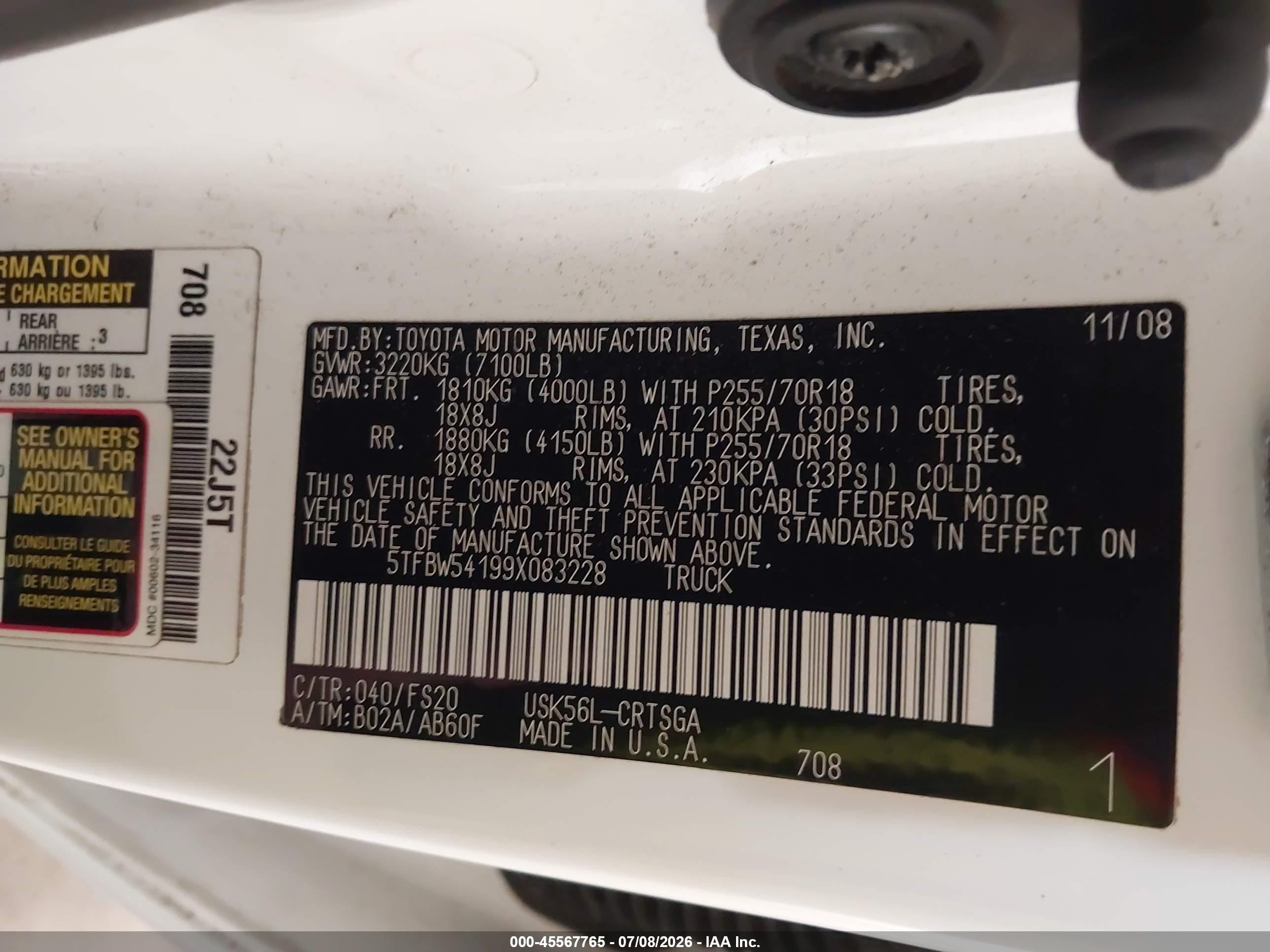 2009 Toyota Tundra Grade 5.7l V8 White vin: 5TFBW54199X083228