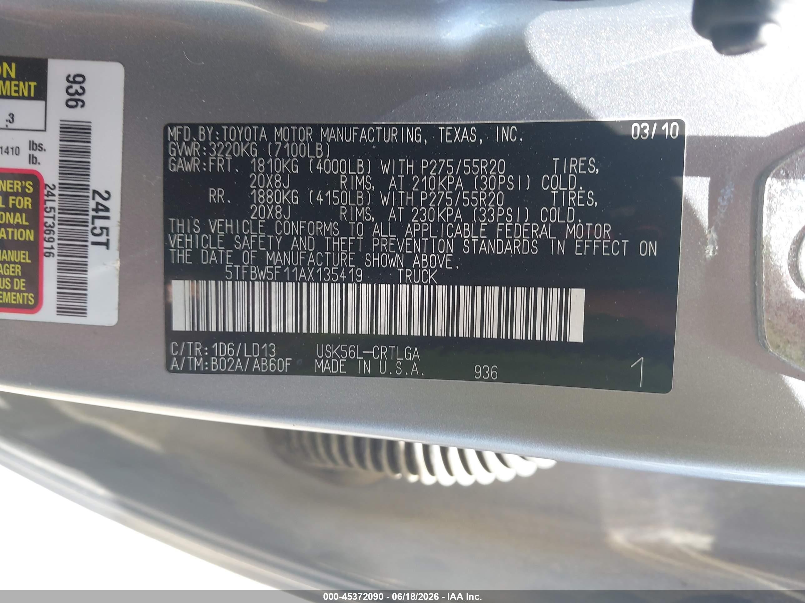 2010 Toyota Tundra Limited 5.7l V8 Silver vin: 5TFBW5F11AX135419
