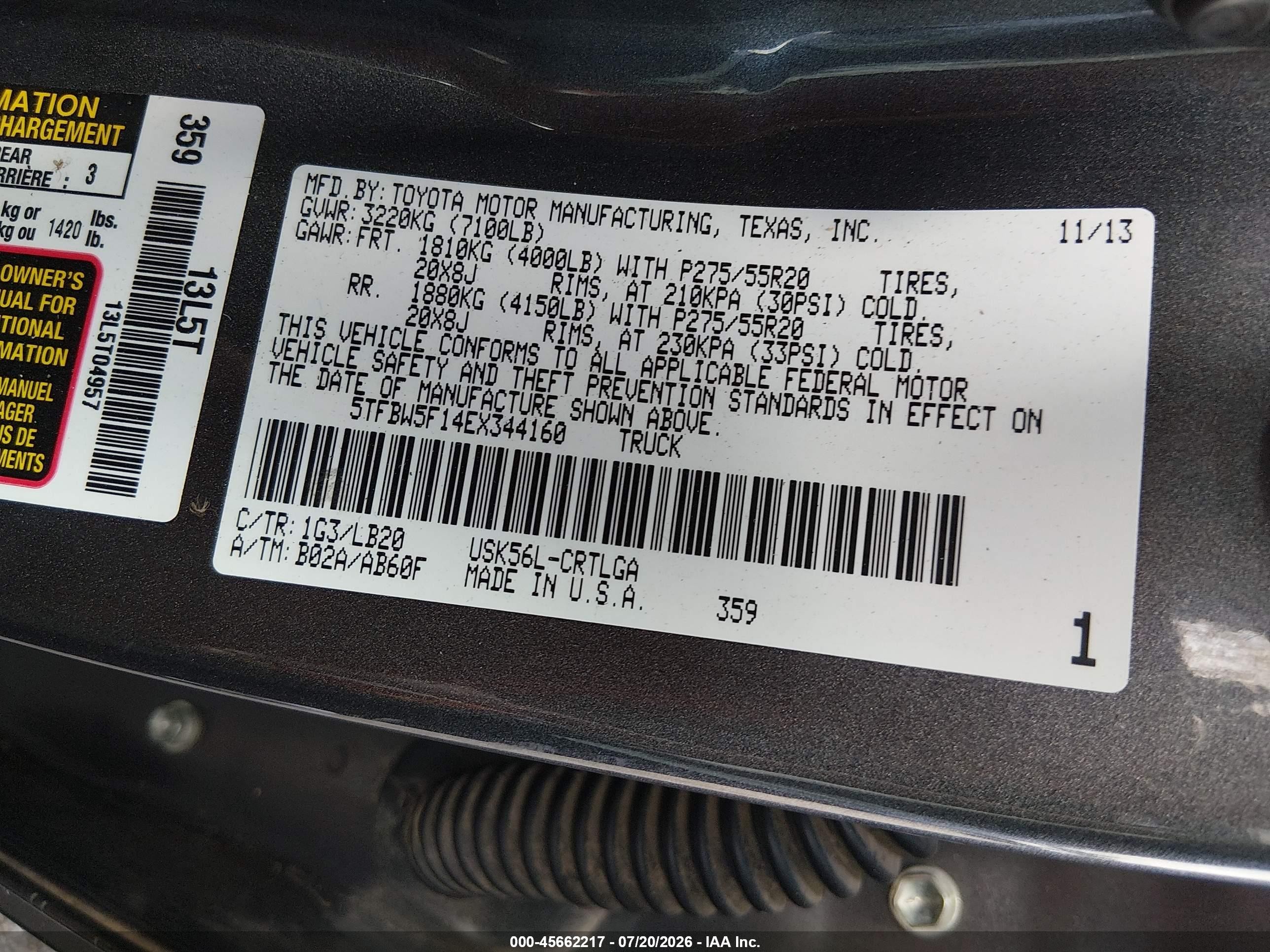 2014 Toyota Tundra Limited 5.7l V8 Черный vin: 5TFBW5F14EX344160