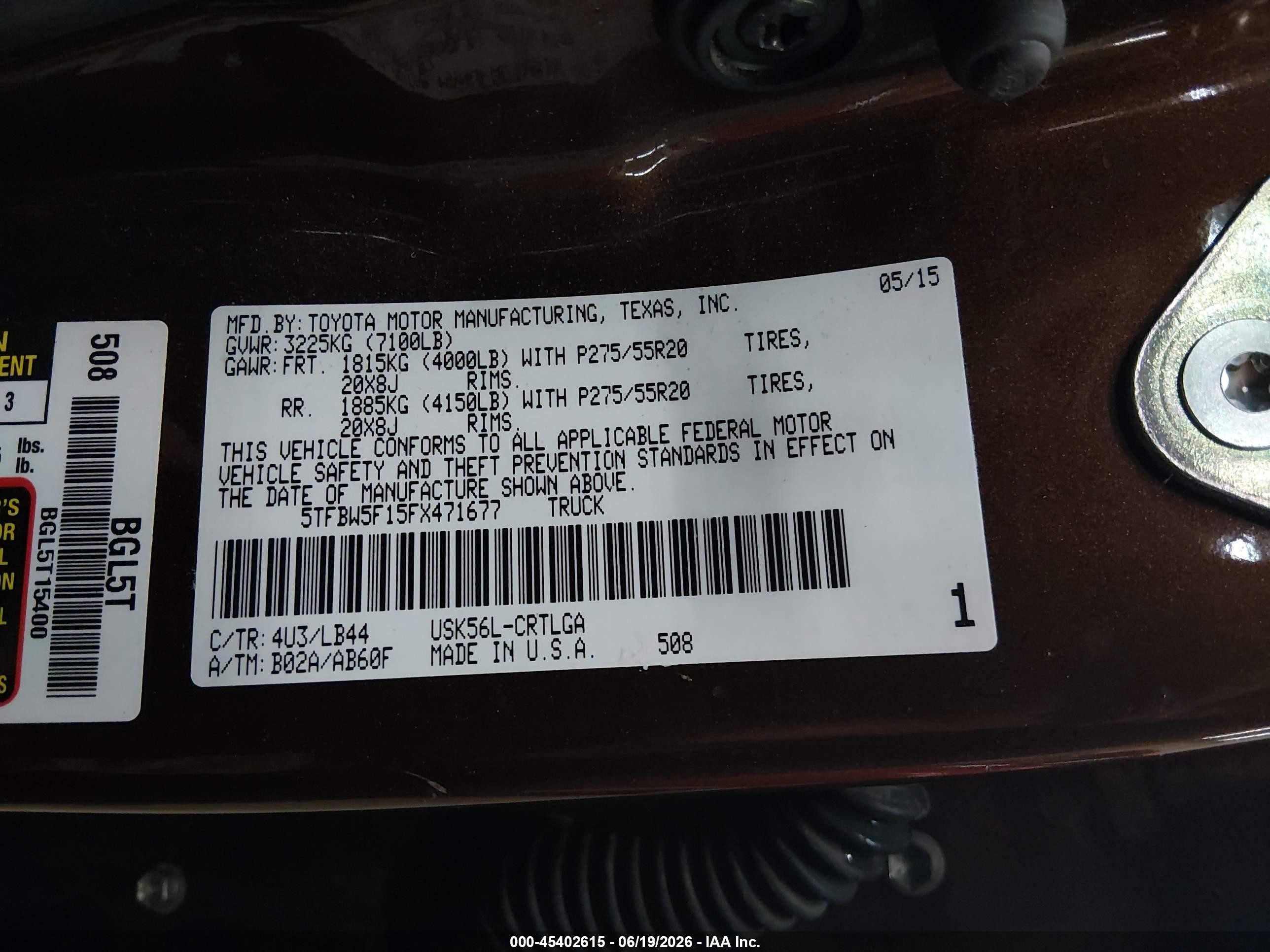 2015 Toyota Tundra Limited 5.7l V8 Brown vin: 5TFBW5F15FX471677