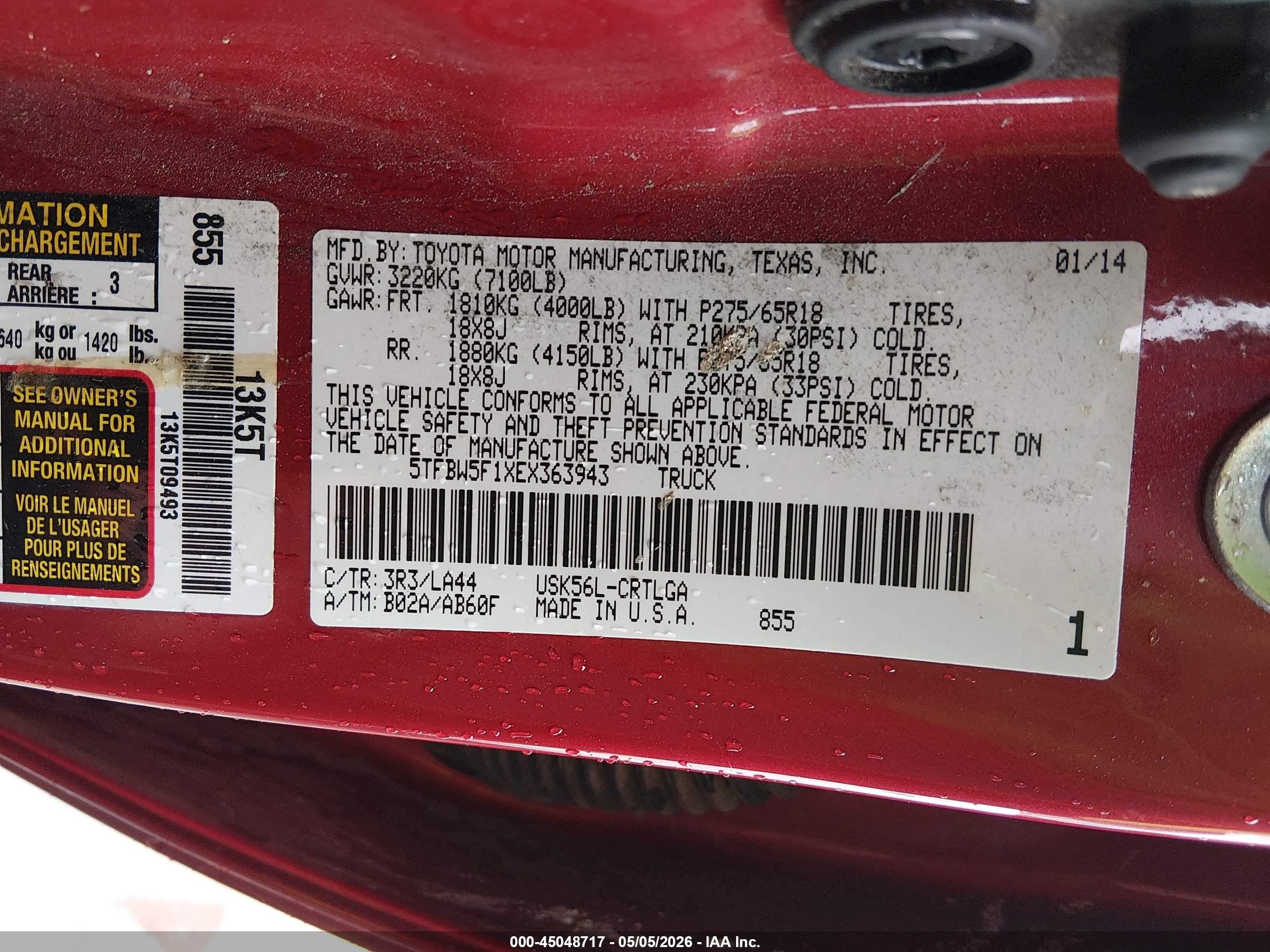 2014 Toyota Tundra Limited 5.7l V8 Red vin: 5TFBW5F1XEX363943