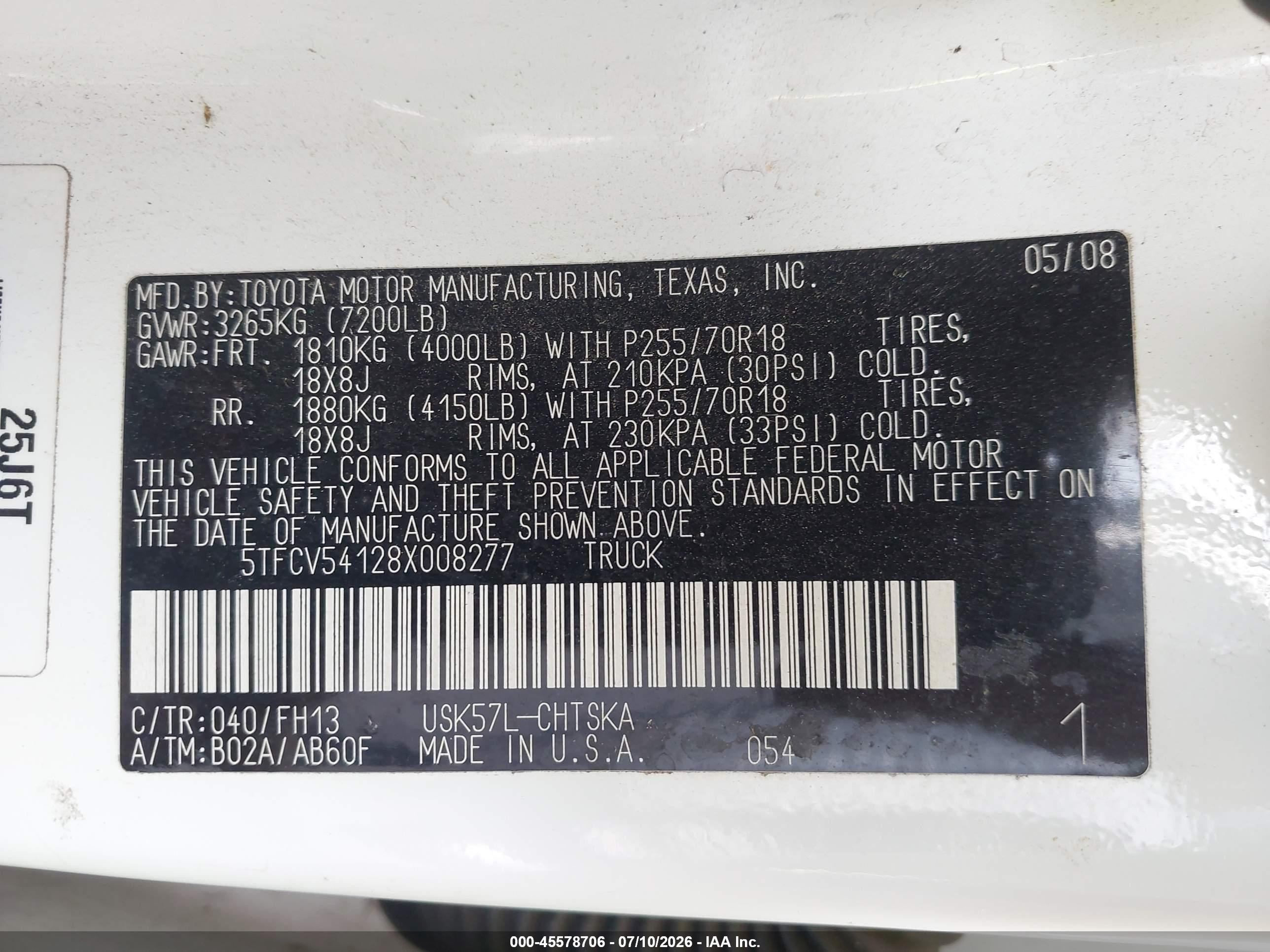 2008 Toyota Tundra Base 5.7l V8 White vin: 5TFCV54128X008277