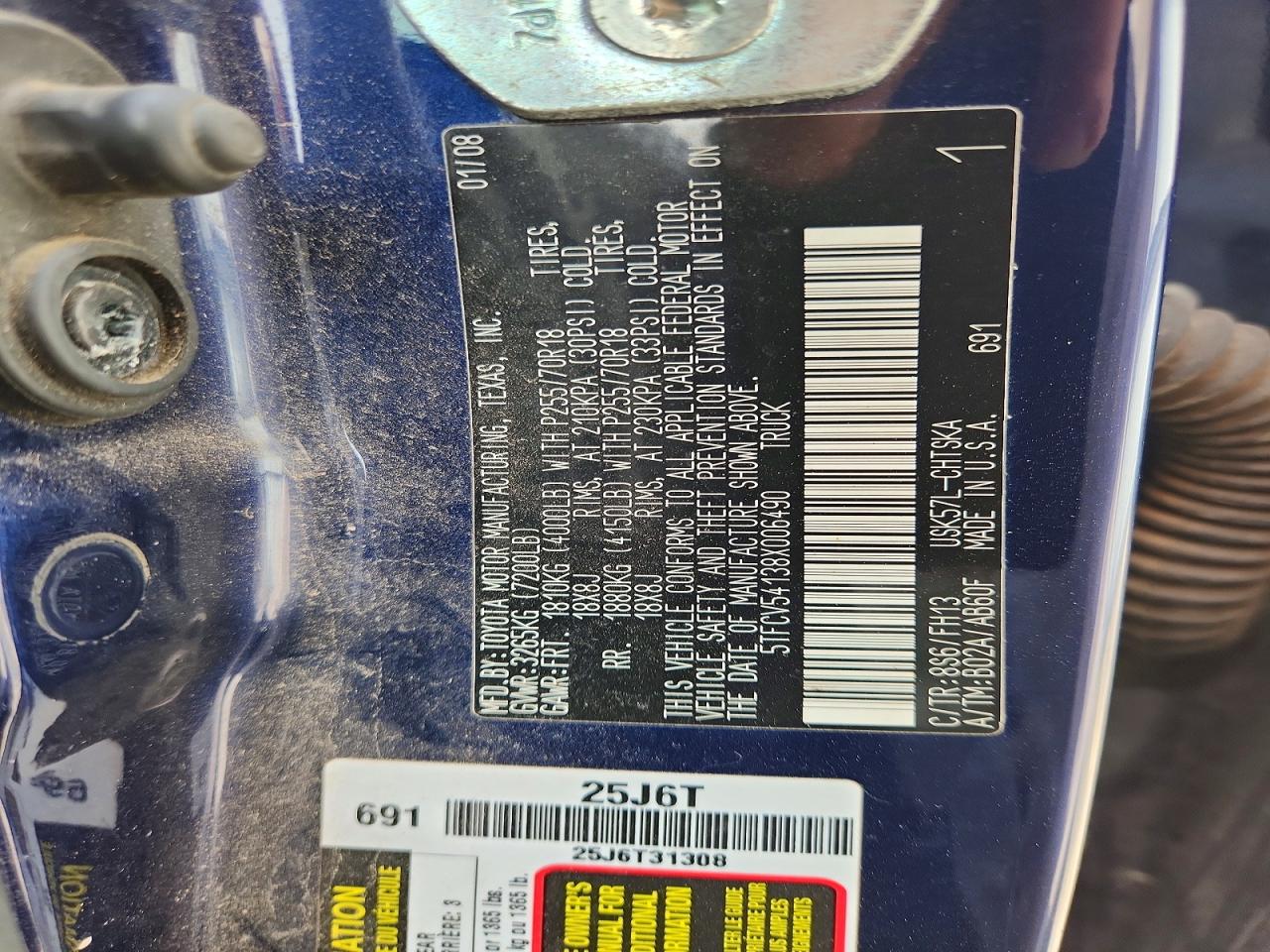 2008 Toyota Tundra Grade Blue vin: 5TFCV54138X006490