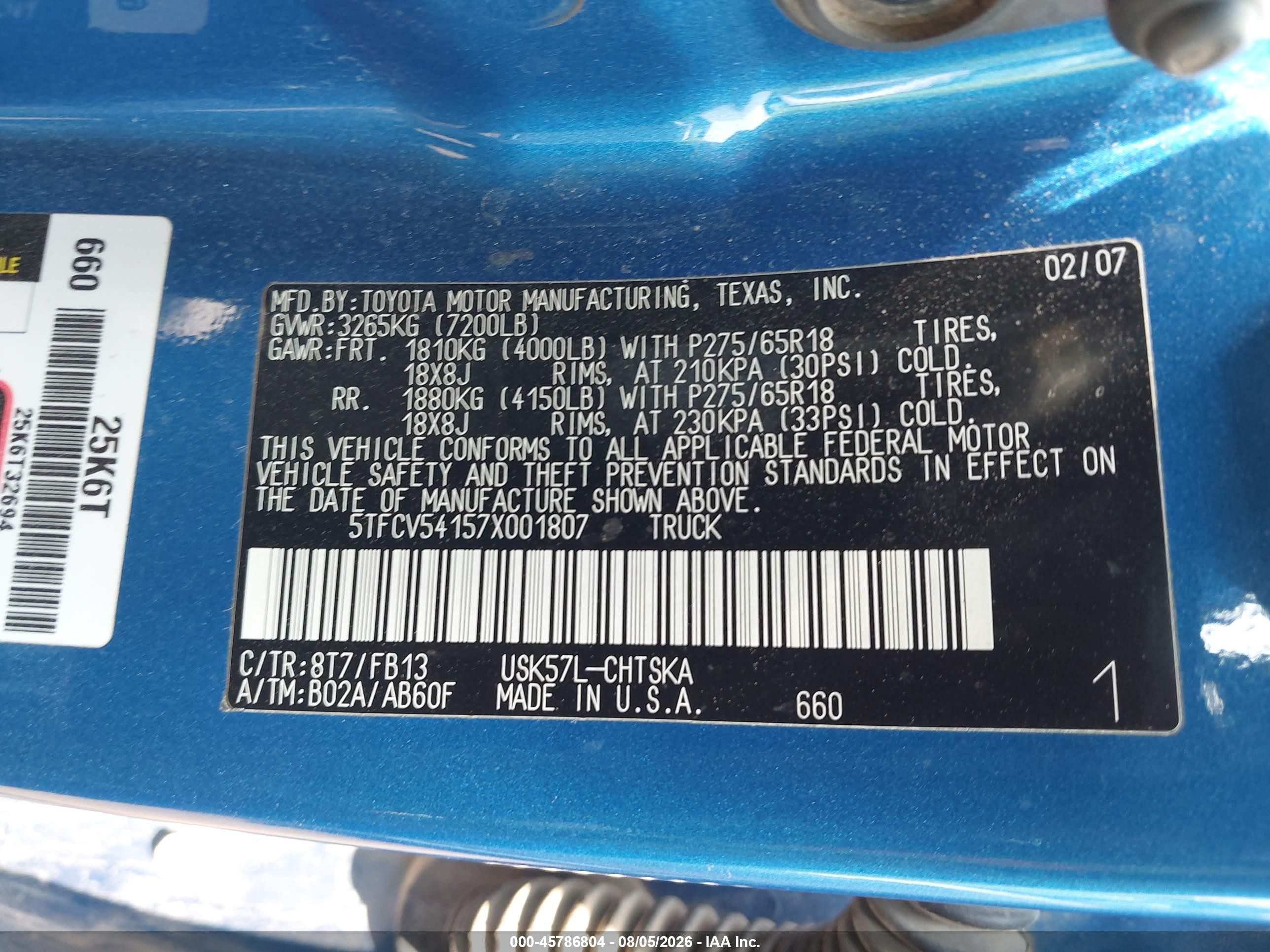 2007 Toyota Tundra Sr5 5.7l V8 Blue vin: 5TFCV54157X001807