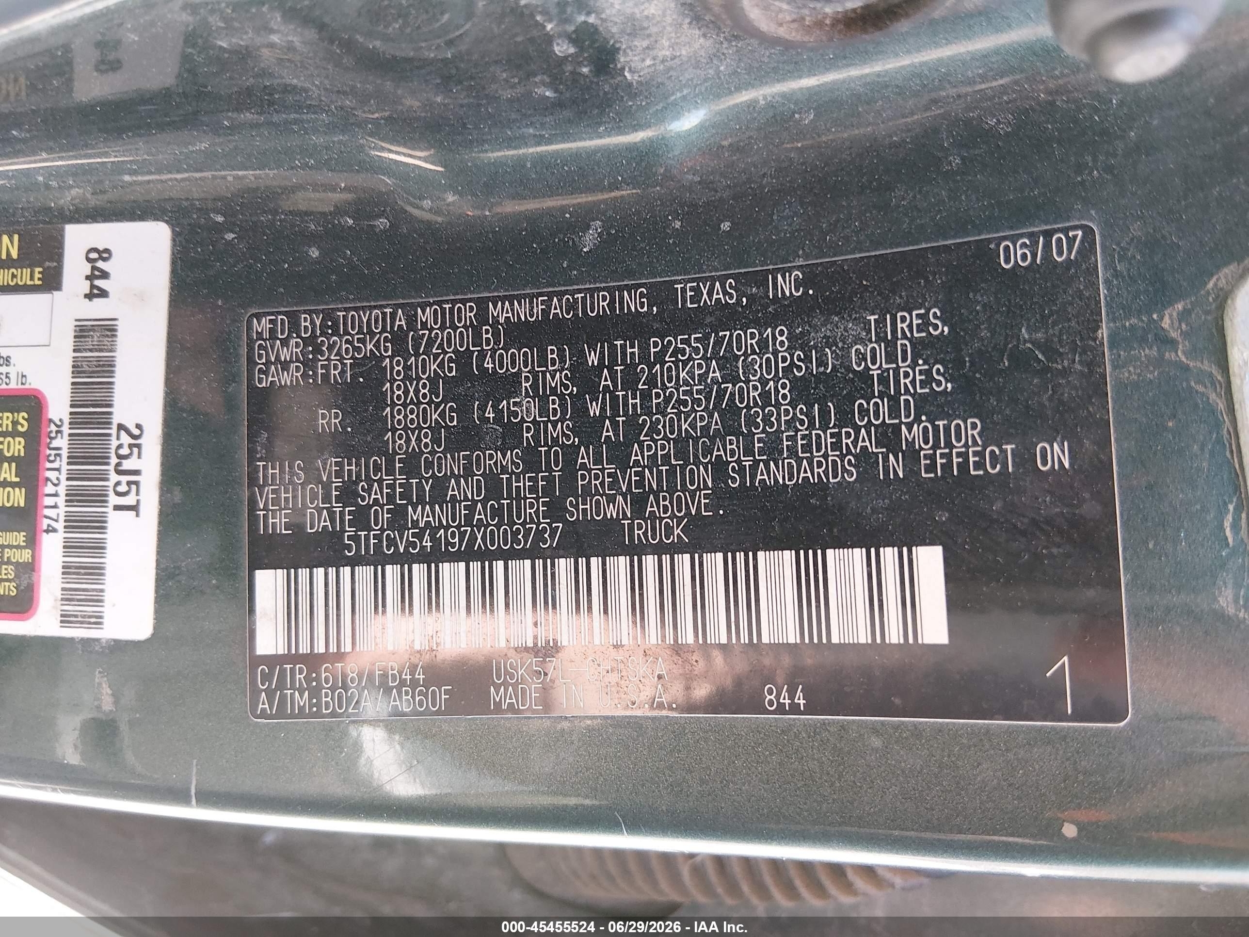 2007 Toyota Tundra Sr5 5.7l V8 Green vin: 5TFCV54197X003737