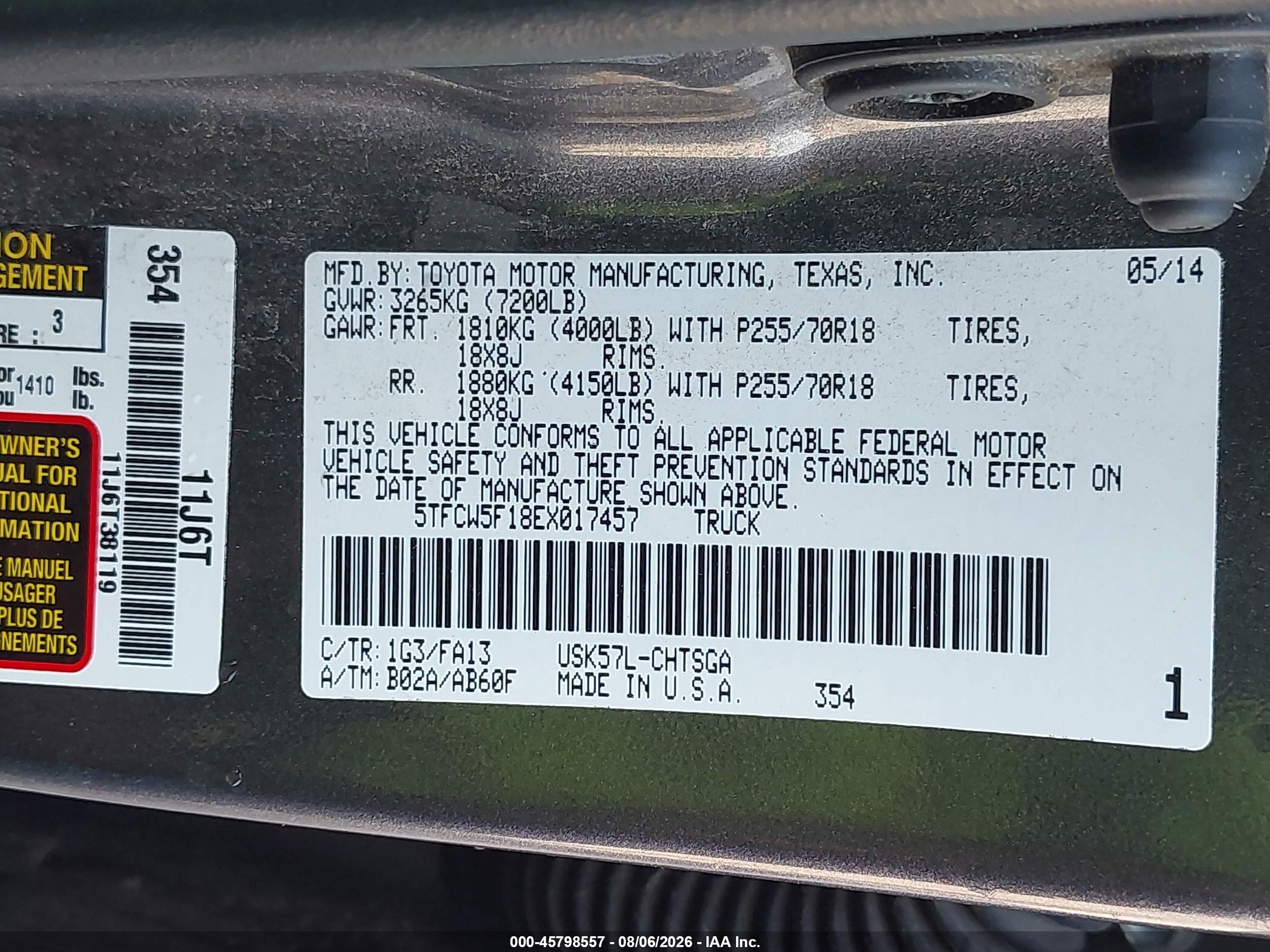 2014 Toyota Tundra Sr 5.7l V8 Gray vin: 5TFCW5F18EX017457