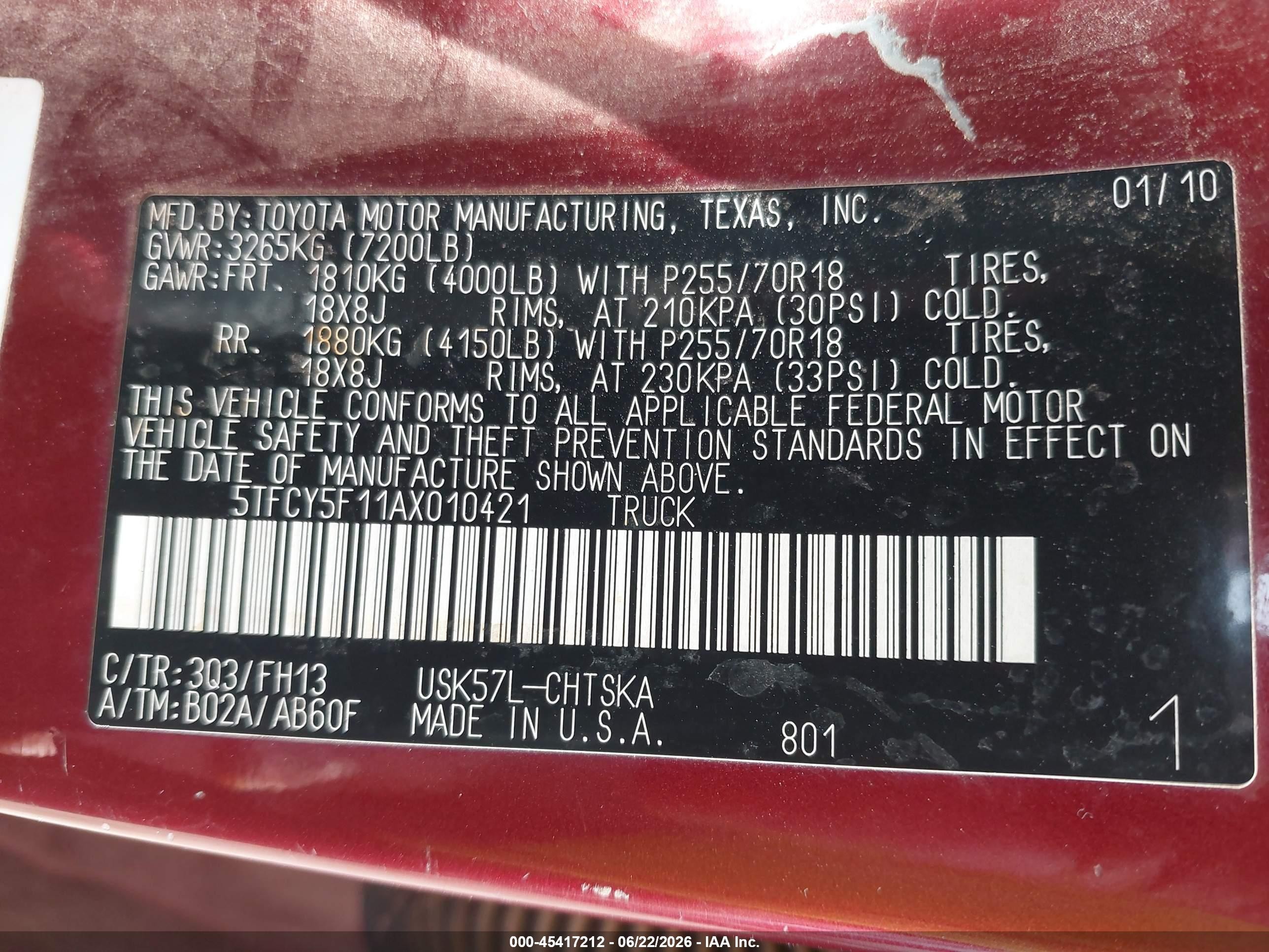 2010 Toyota Tundra Grade 5.7l V8 Red vin: 5TFCY5F11AX010421