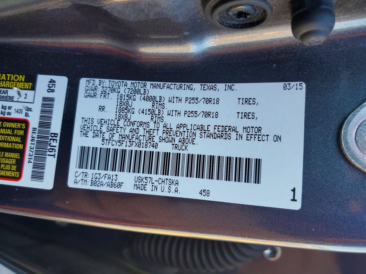 2015 Toyota Tundra Sr Gray vin: 5TFCY5F13FX018740