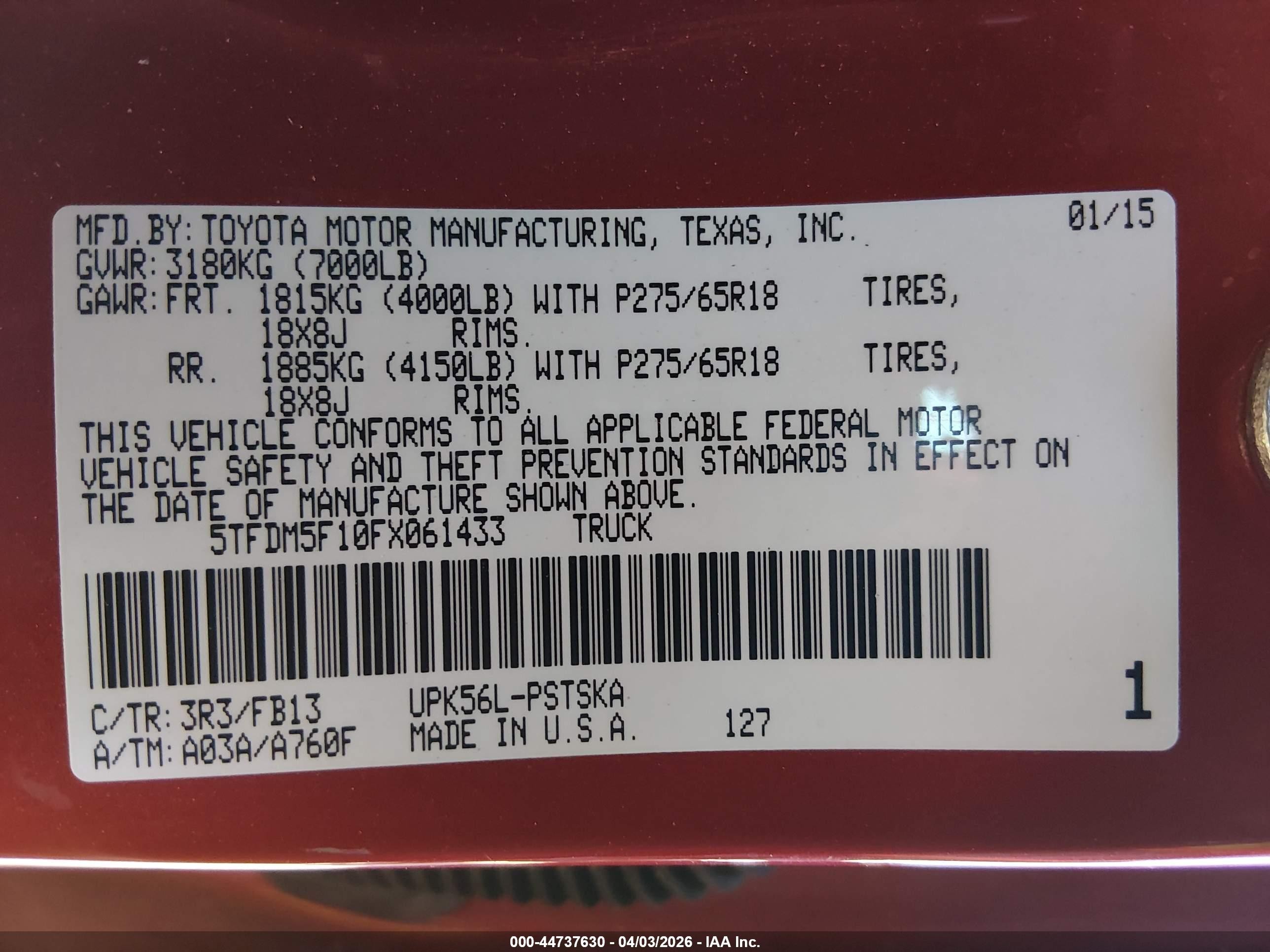 2015 Toyota Tundra Sr5 4.6l V8 Red vin: 5TFDM5F10FX061433