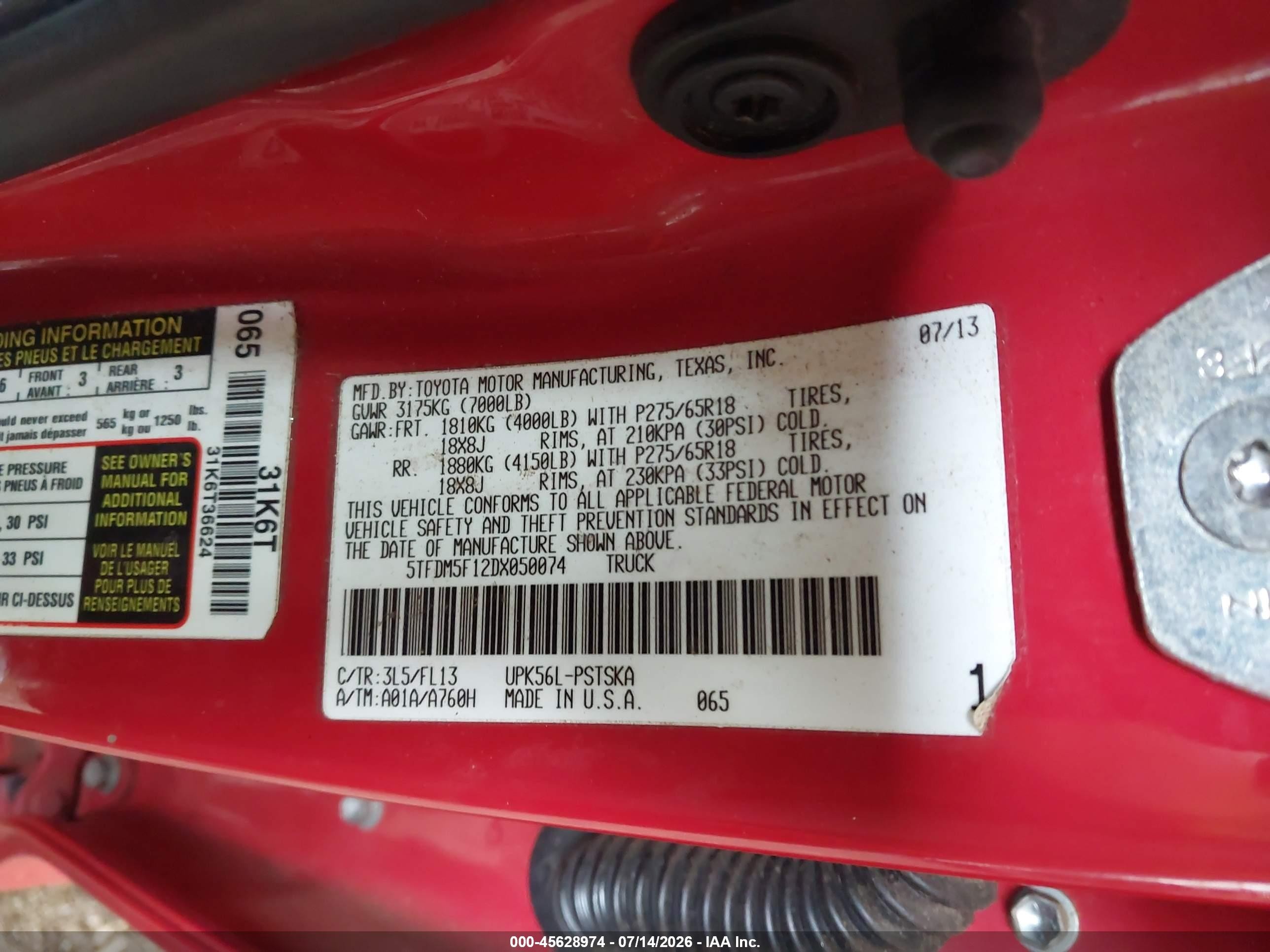 2013 Toyota Tundra Grade 4.6l V8 Red vin: 5TFDM5F12DX050074