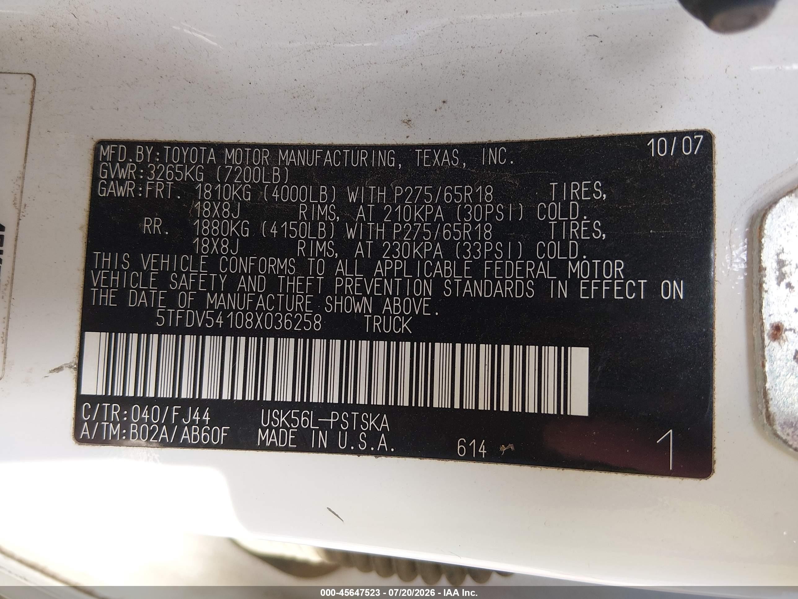 2008 Toyota Tundra Sr5 5.7l V8 White vin: 5TFDV54108X036258