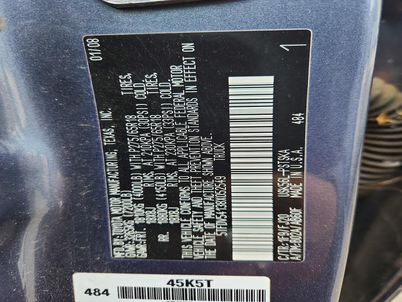 2008 Toyota Tundra Sr5 Blue vin: 5TFDV54138X052549