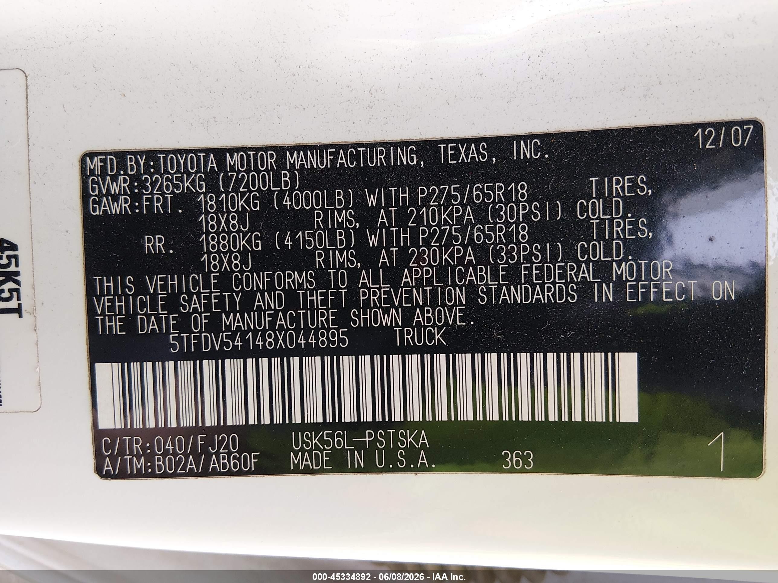 2008 Toyota Tundra Sr5 5.7l V8 White vin: 5TFDV54148X044895