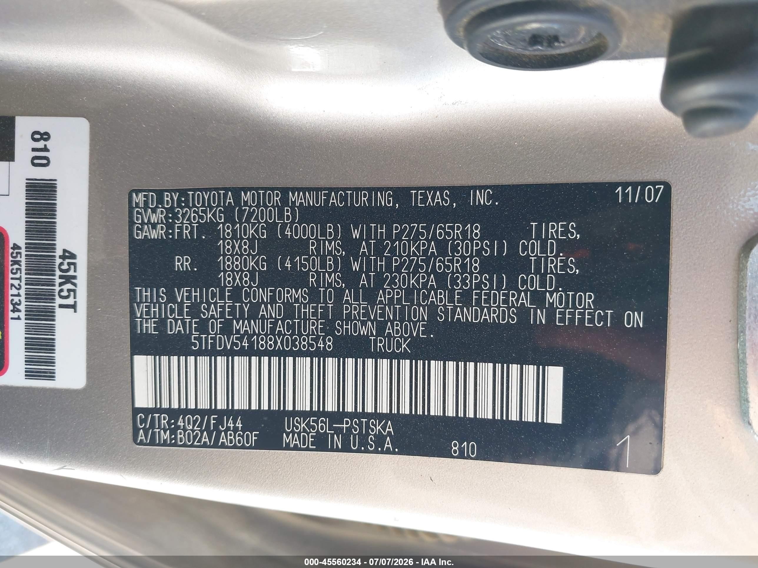 2008 Toyota Tundra Sr5 5.7l V8 Beige vin: 5TFDV54188X038548