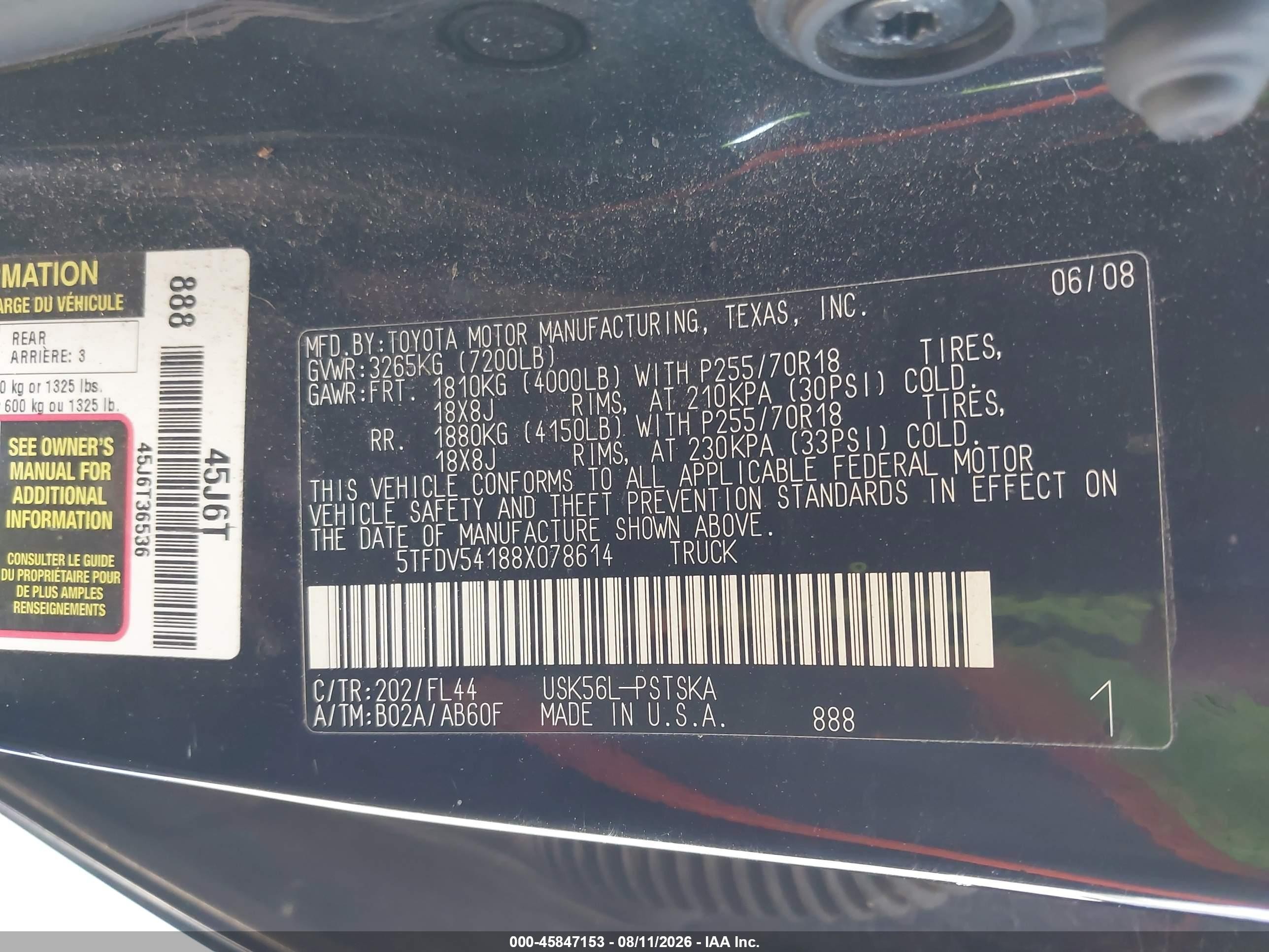 2008 Toyota Tundra Base 5.7l V8 Черный vin: 5TFDV54188X078614