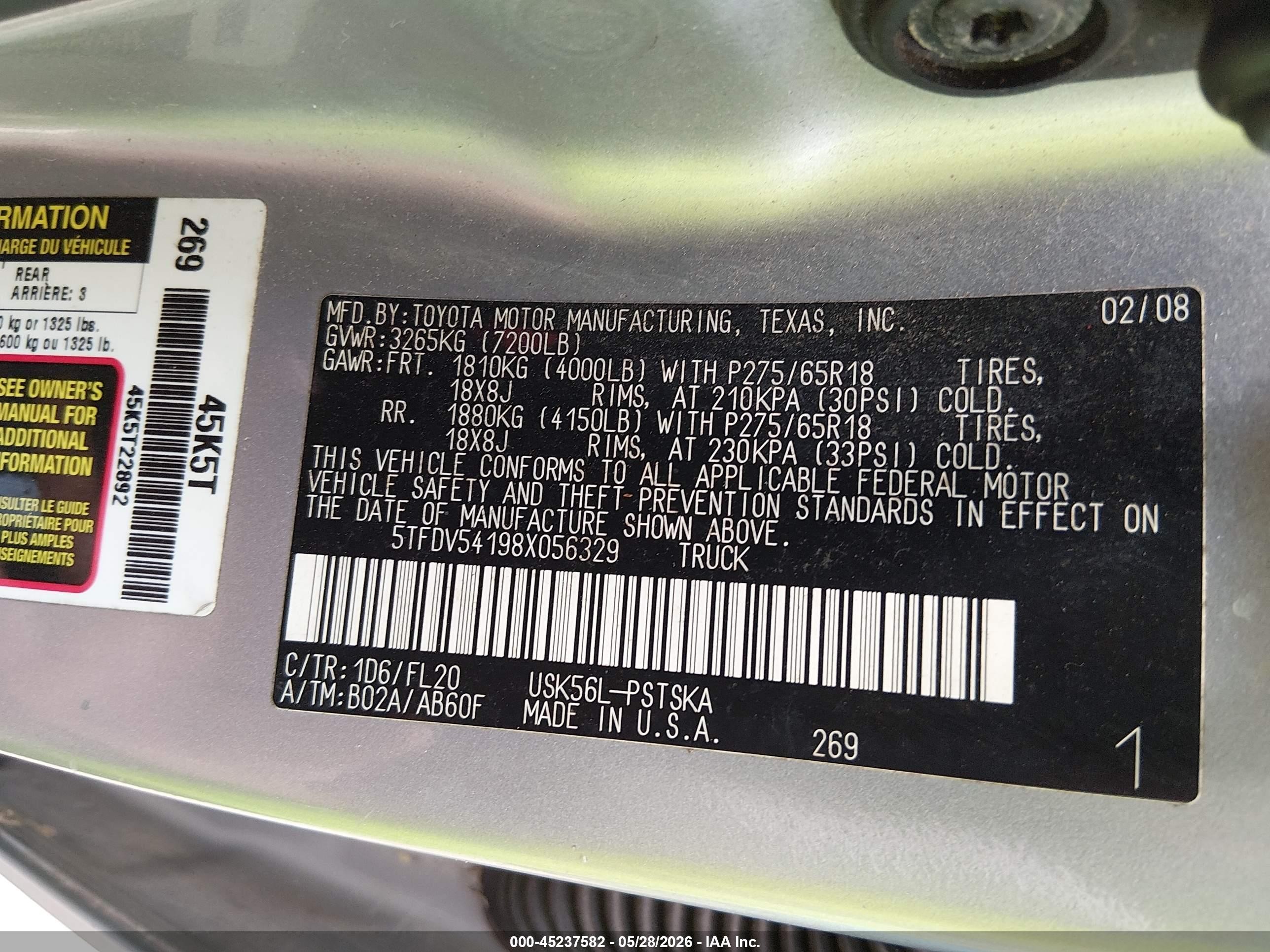 2008 Toyota Tundra Sr5 5.7l V8 Silver vin: 5TFDV54198X056329